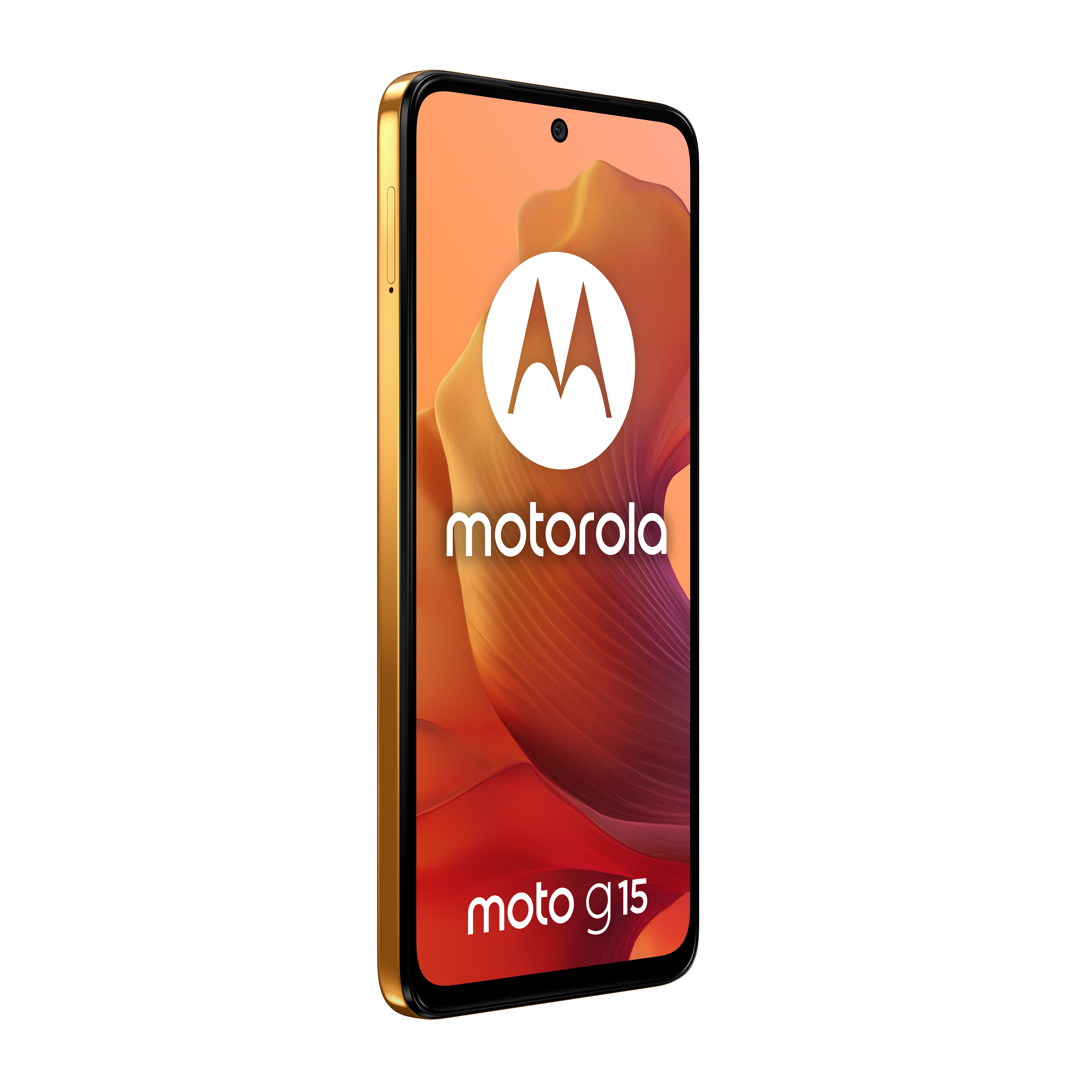 Motorola Moto g15 Smartphone, orangefarbener Gradientenrücken, Logo auf dem Bildschirm.