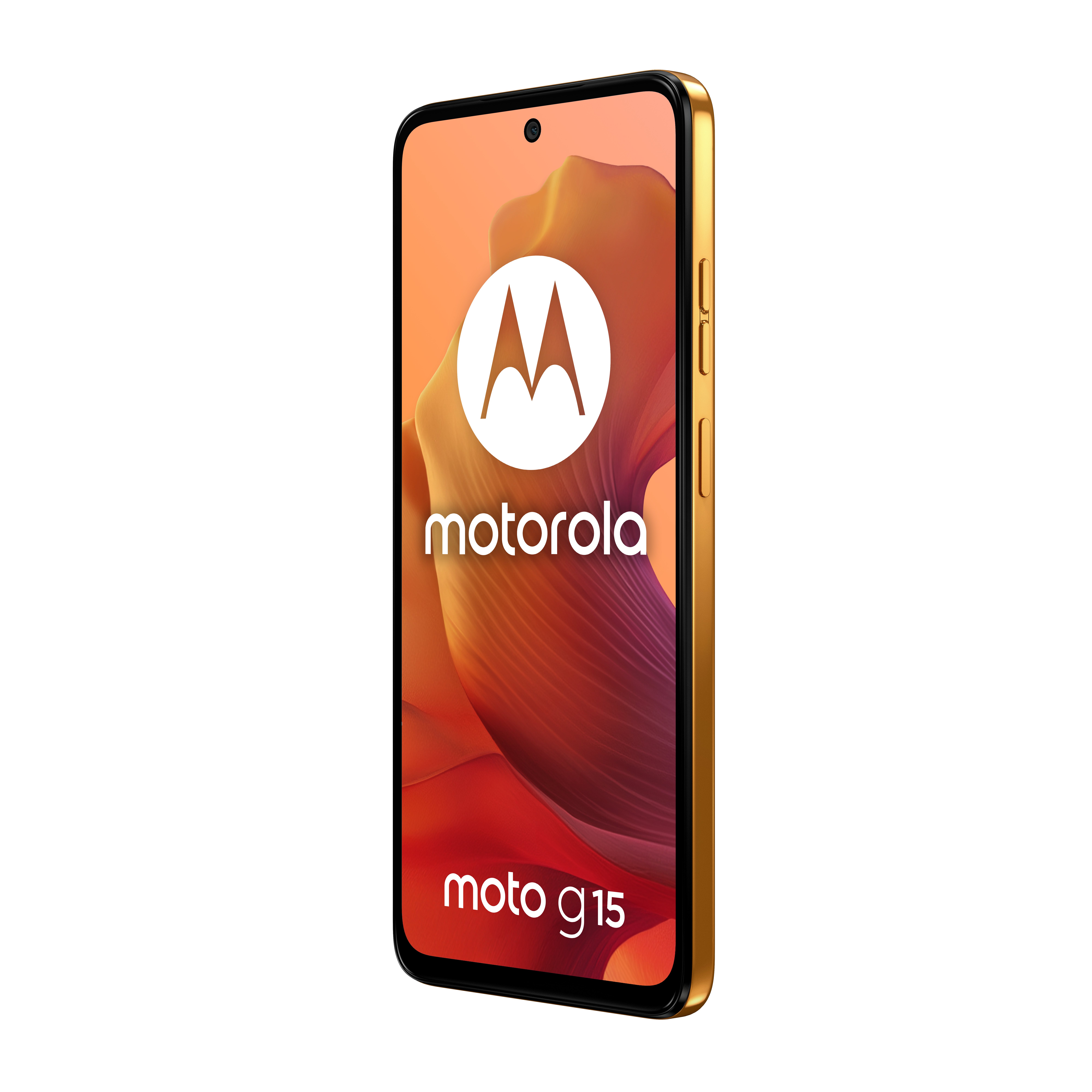 Motorola Moto g15 Smartphone, goldener Rahmen, orangefarbener Bildschirm mit Logo, weißer Hintergrund.