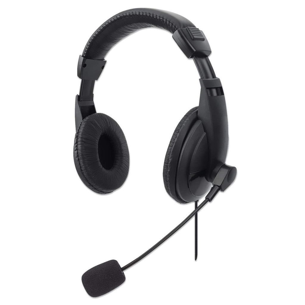 Cuffie nere con microfono. Hanno cuscinetti e fascia.