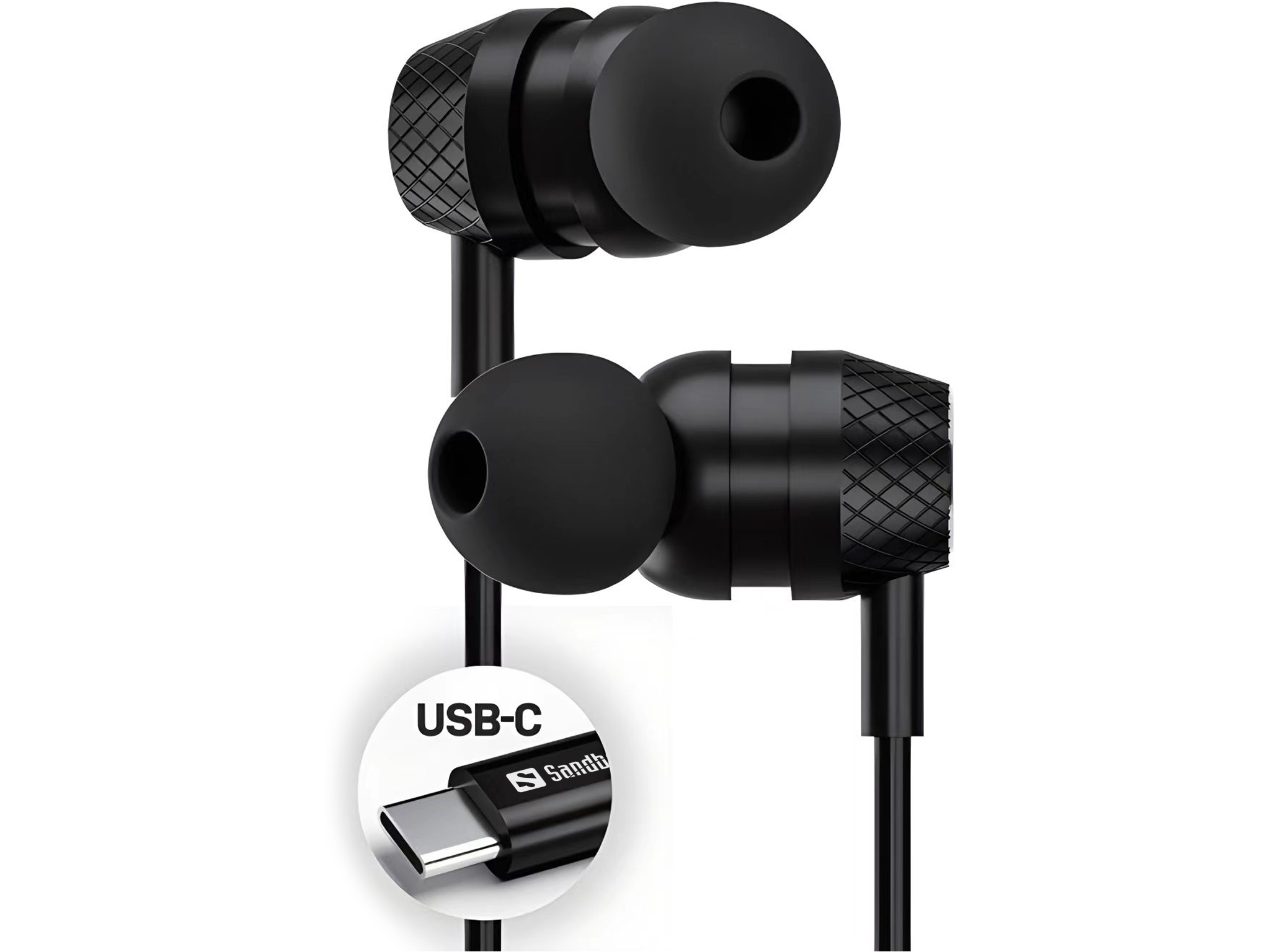 Zwarte oordopjes met USB-C-connector. 'USB-C' is gelabeld, 'Sandbo' staat op de zijkant.