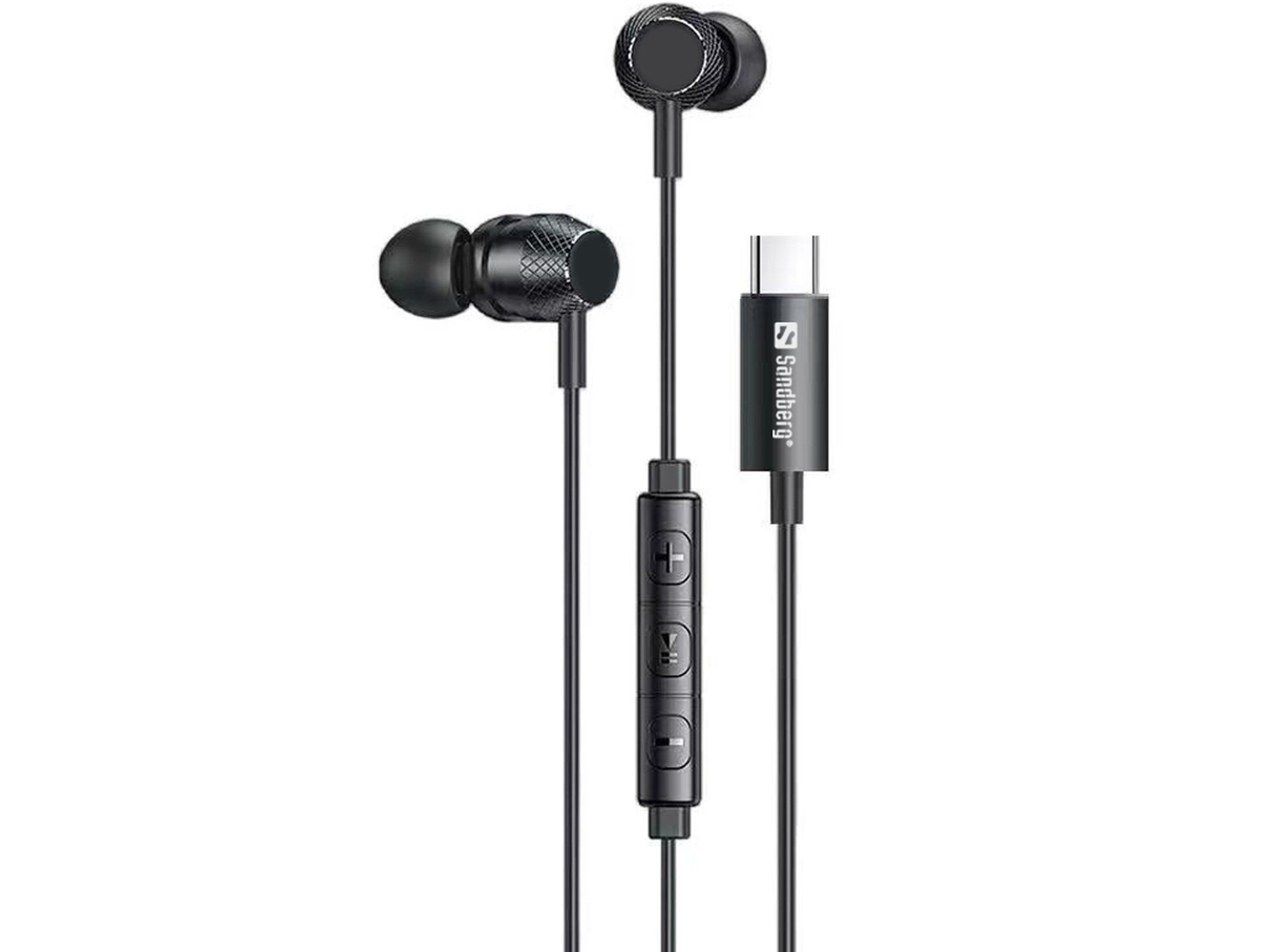 Zwarte in-ear oortelefoons met volumeregeling en een USB-C connector, op een witte achtergrond.