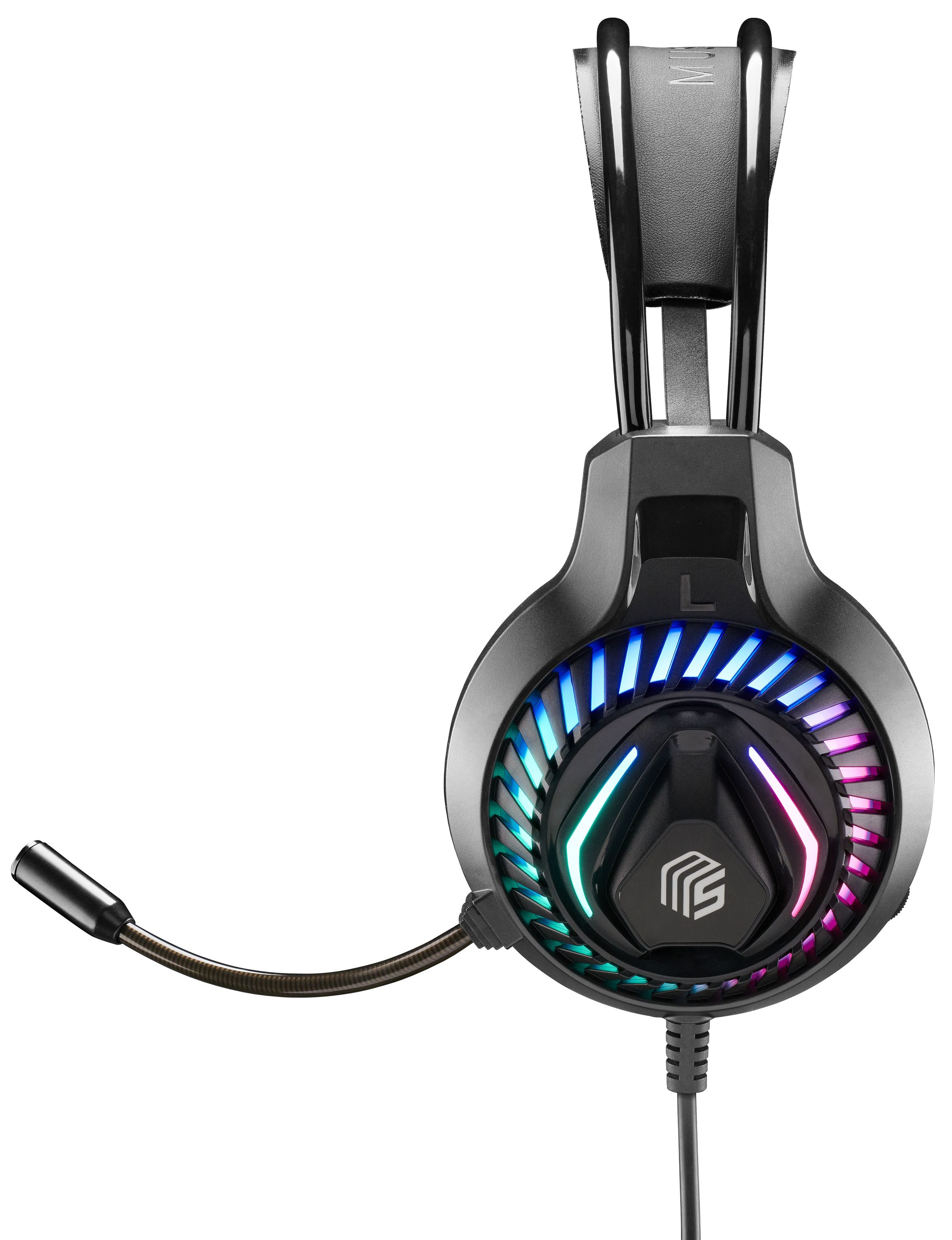 Schwarzes und graues Gaming-Headset mit Mikrofon. Die Ohrmuscheln haben RGB-Beleuchtung.