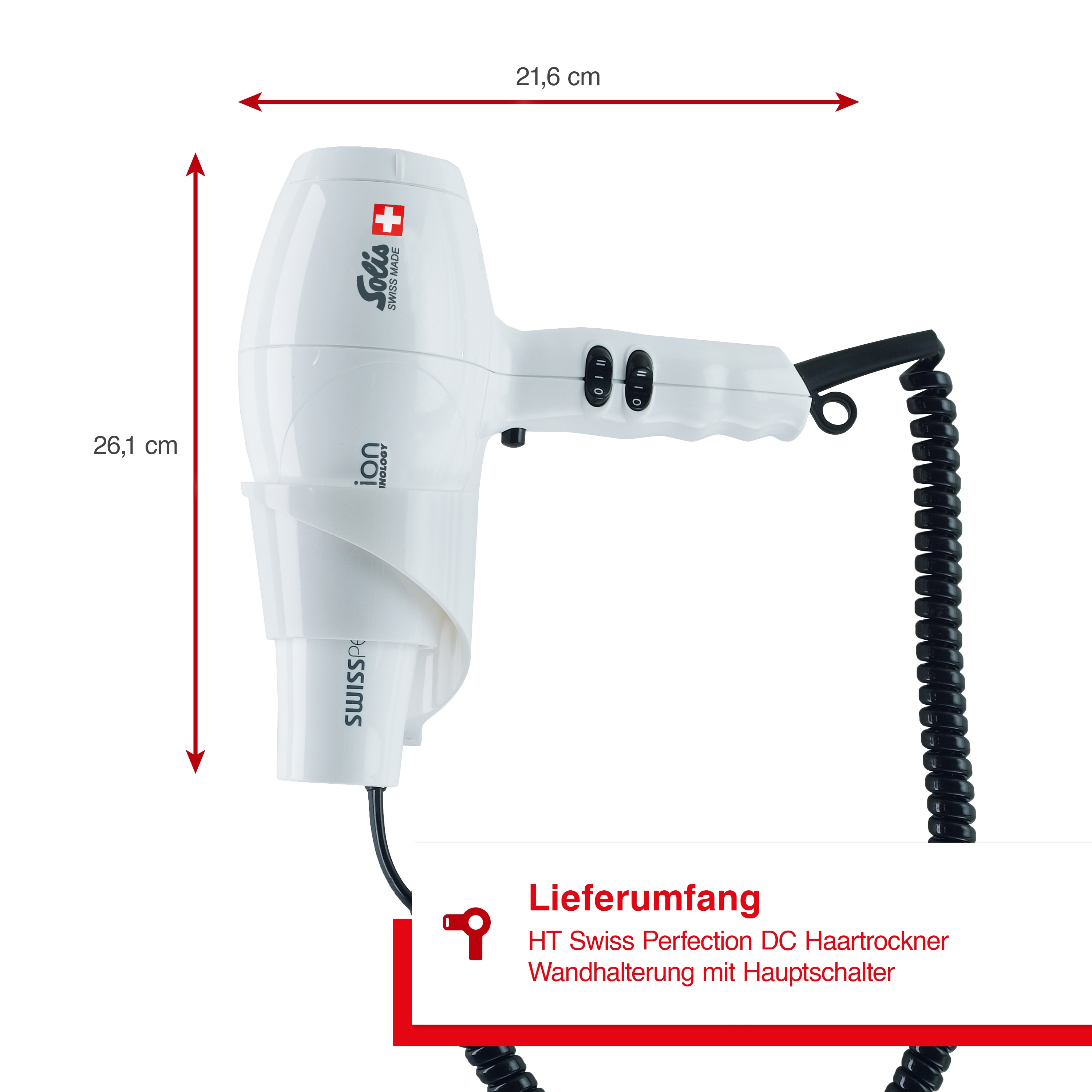 Weißer Haartrockner mit schwarzem Griff, rotem Logo und schwarzem Netzkabel auf weißem Hintergrund.