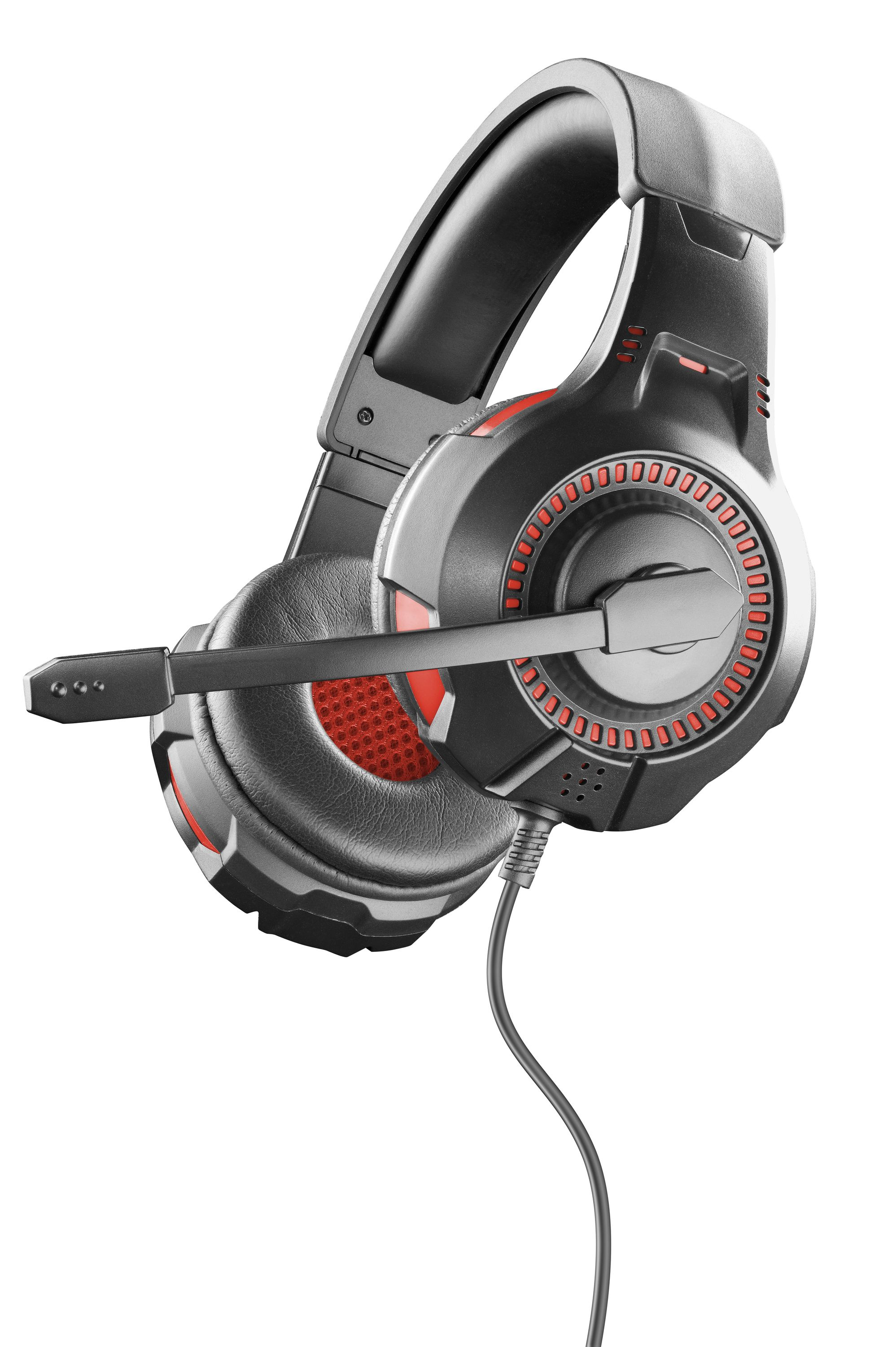 Schwarzes und graues Gaming-Headset mit roten Akzenten, angebautem Mikrofon und Kabel.