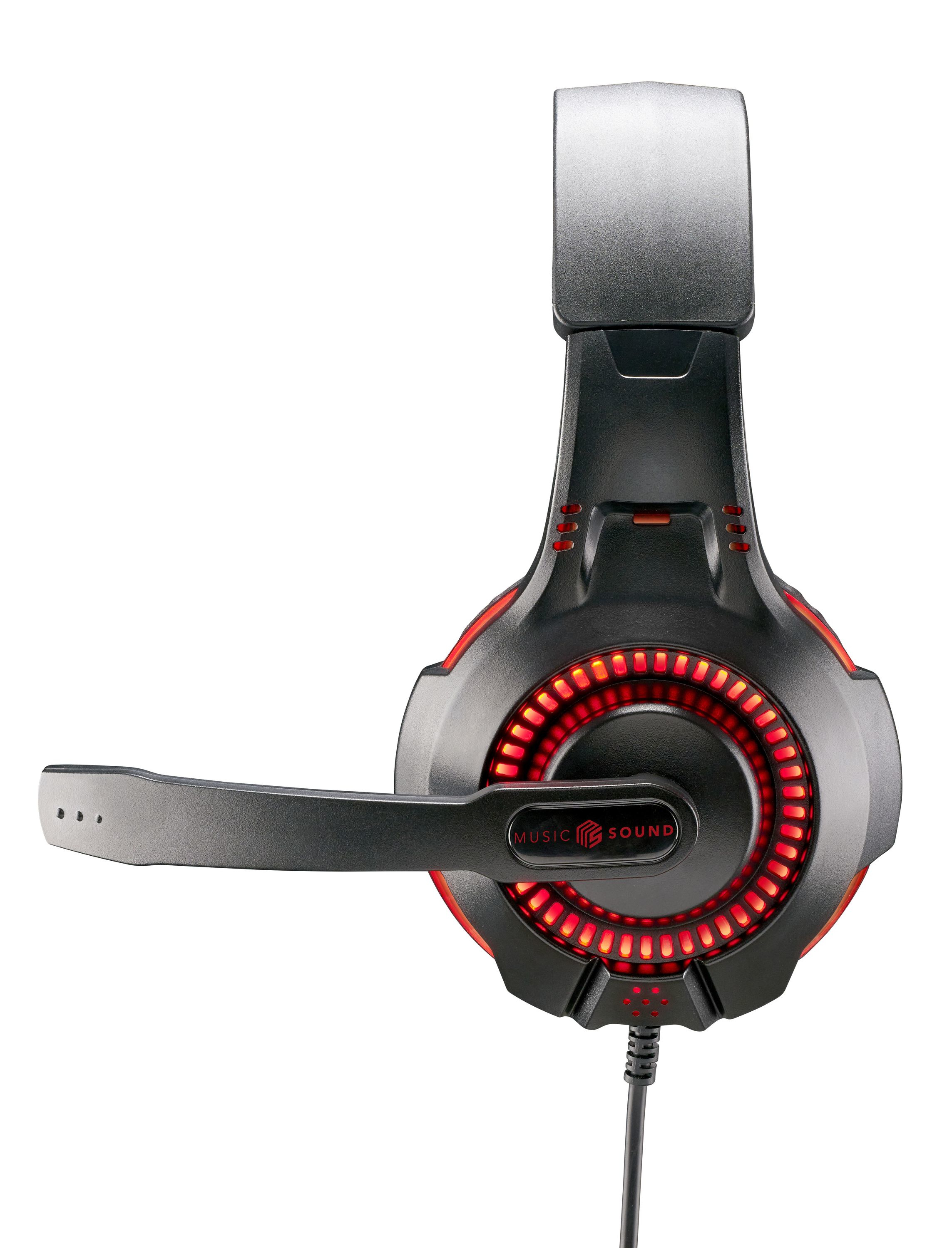 Schwarzes Gaming-Headset mit roter LED, Mikrofon und Music Sound-Logo. Kabelanschluss unten. Weißer Hintergrund.