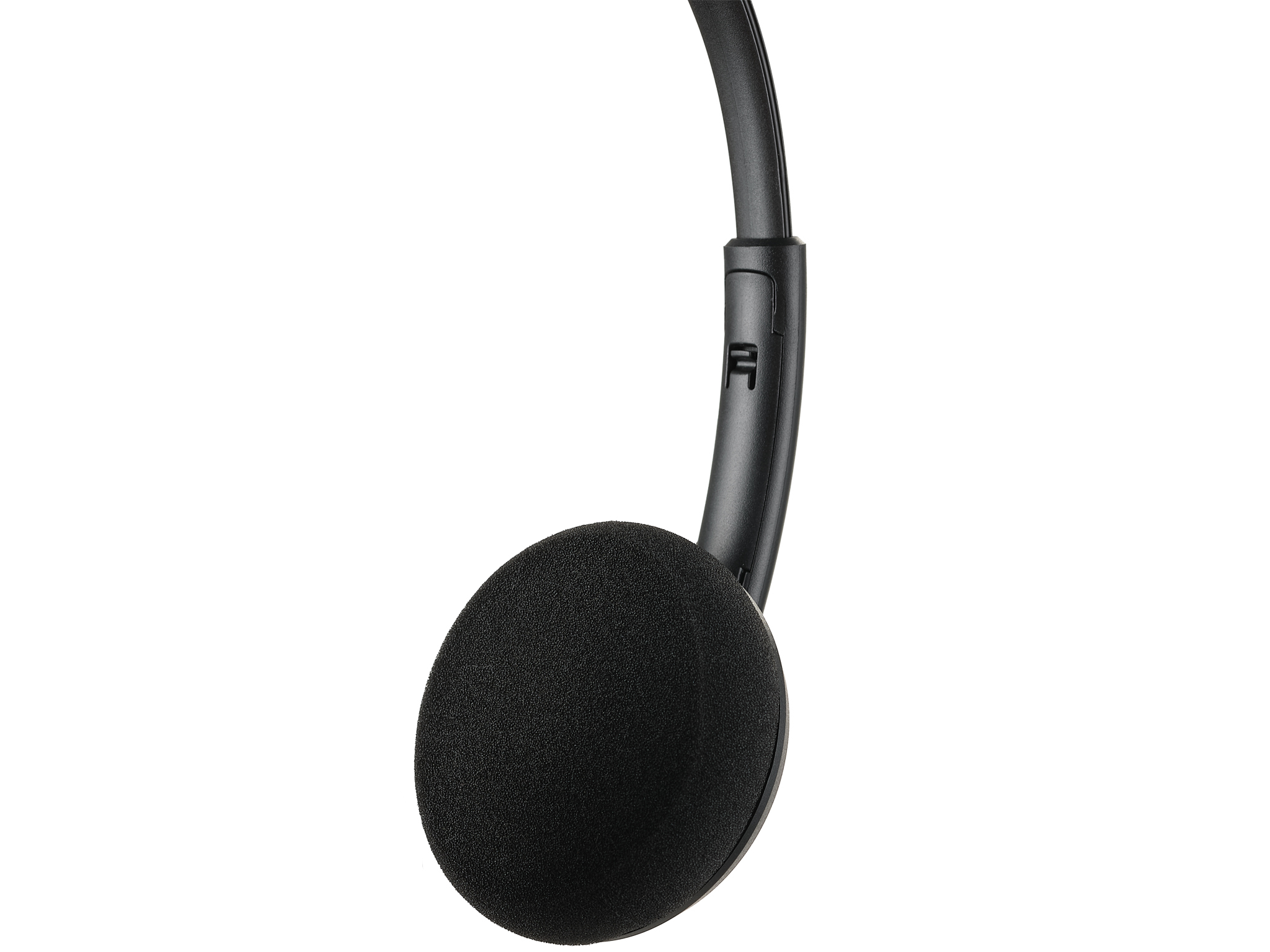 Haut-parleur de casque noir et bras de microphone, gros plan. Fond clair.