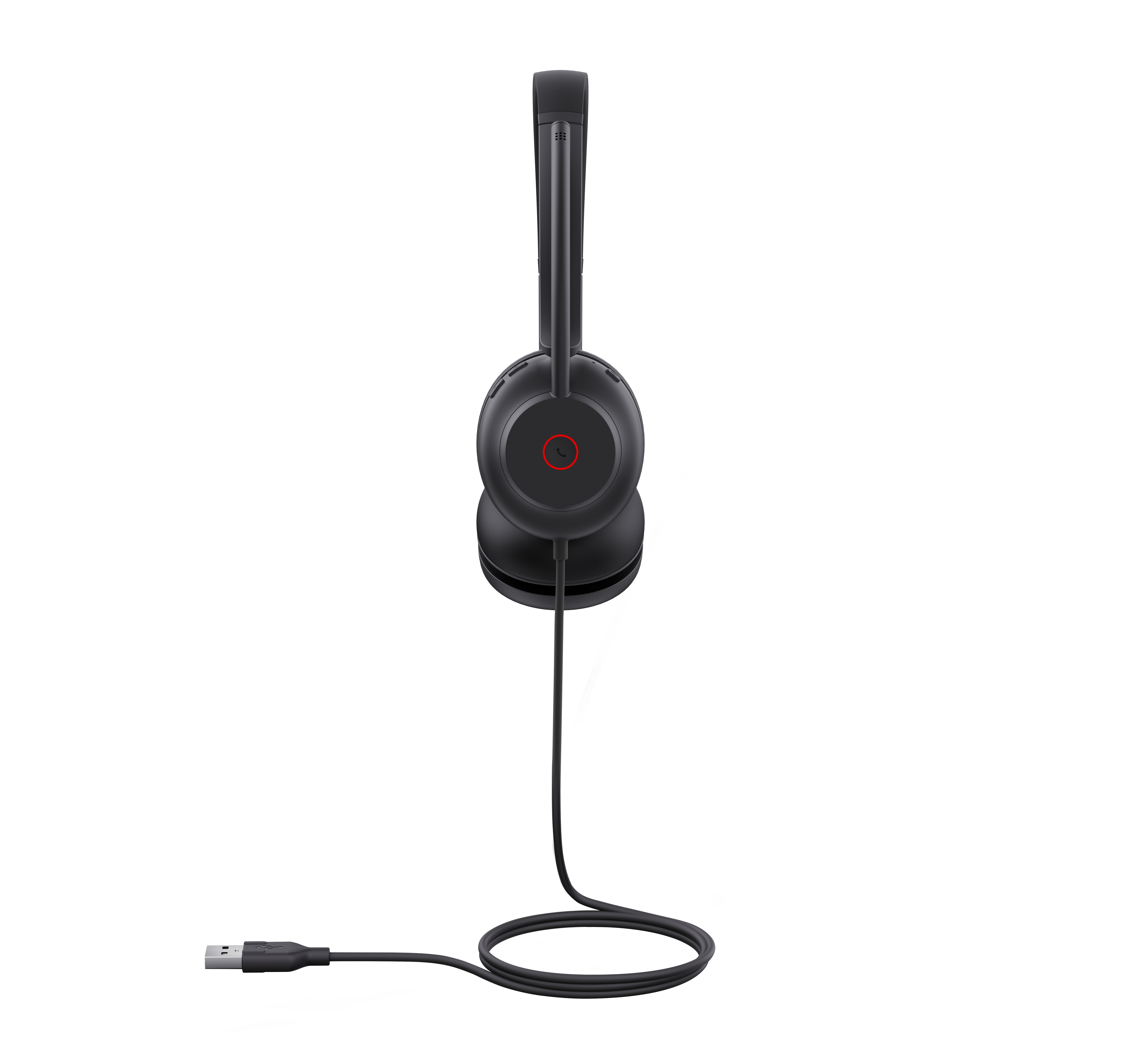 Cuffie nere con cavo USB e logo a cerchio rosso. Sfondo bianco.