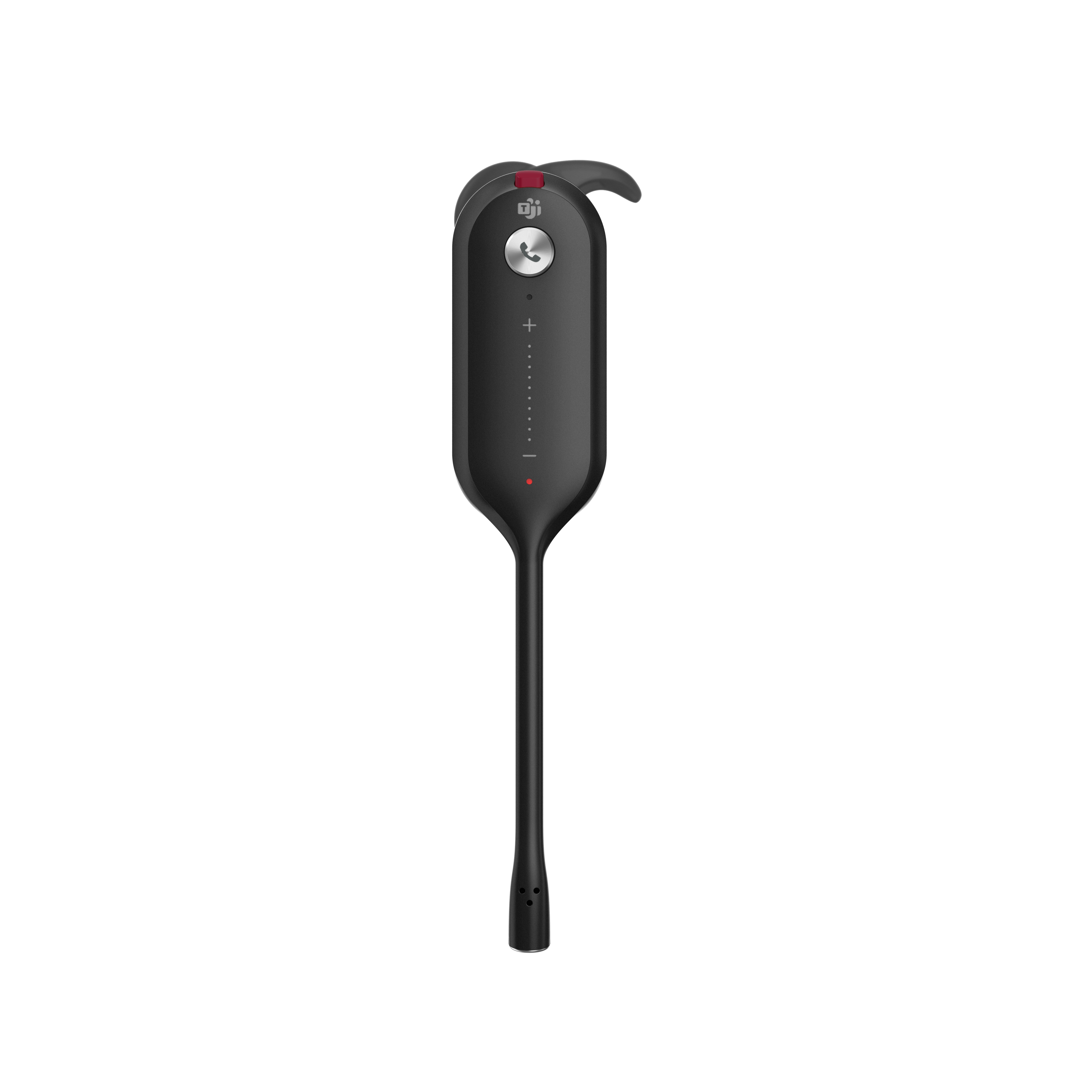 Auricolare Bluetooth nero con design curvo e dettaglio del pulsante rosso.