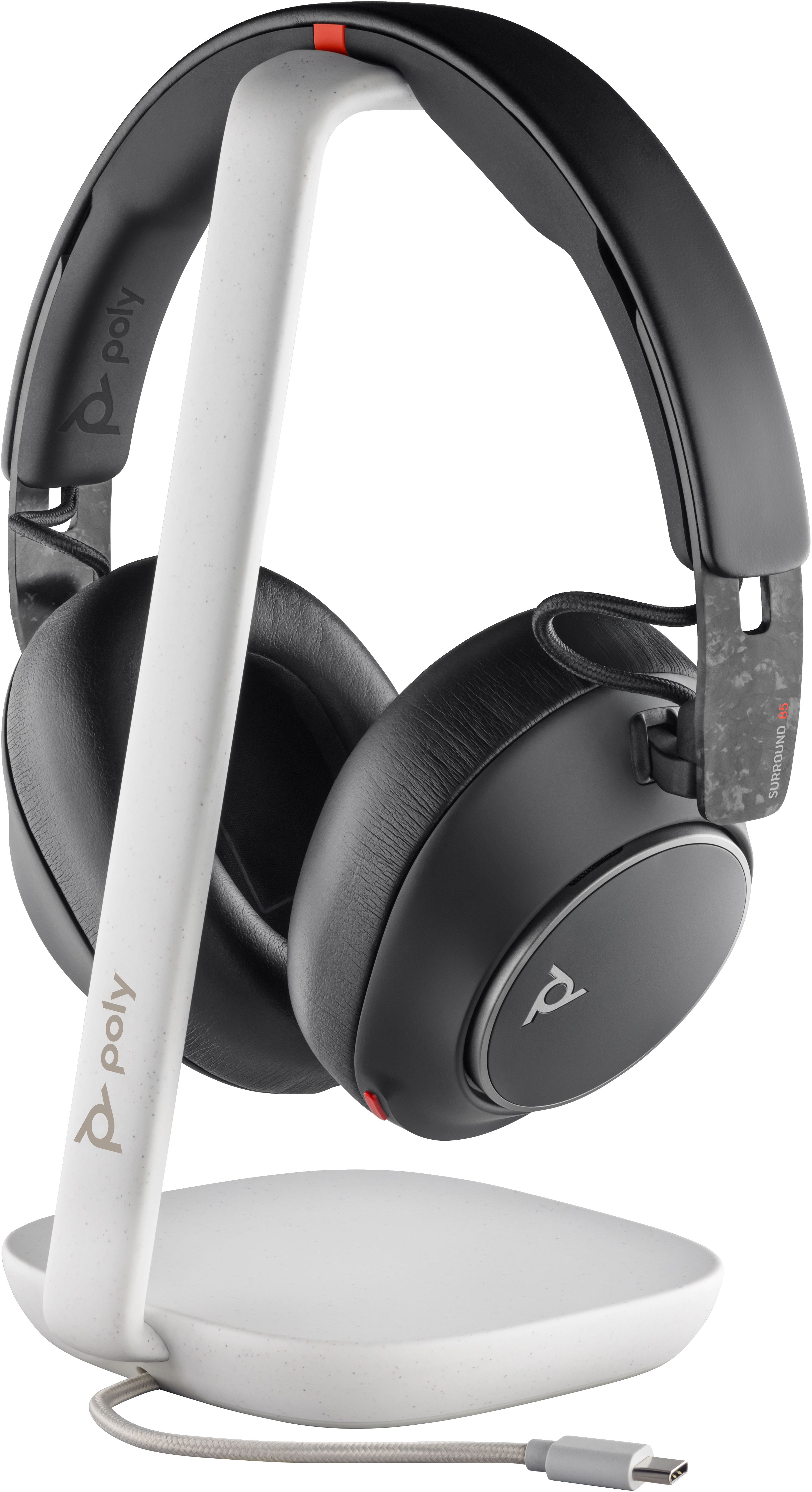 Cuffie Poly nere su supporto bianco, con cavo e porta di ricarica.
