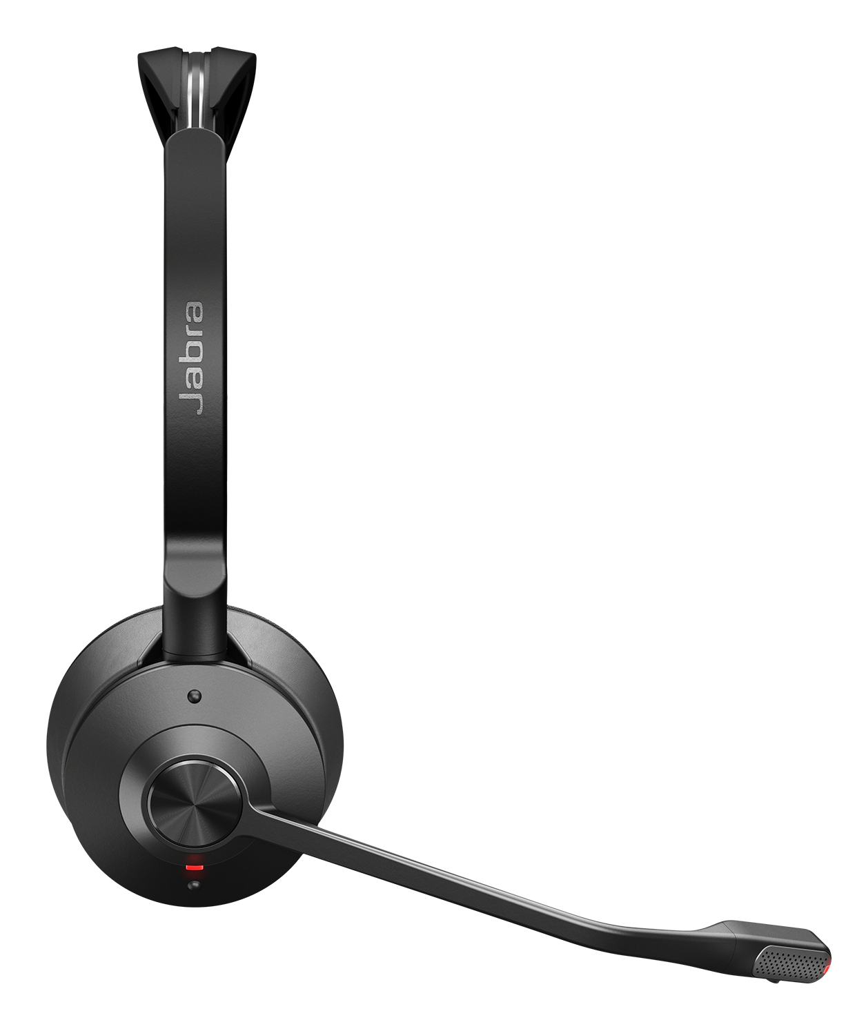 Un auricolare Jabra nero con microfono. L'auricolare ha un archetto regolabile e una luce rossa.