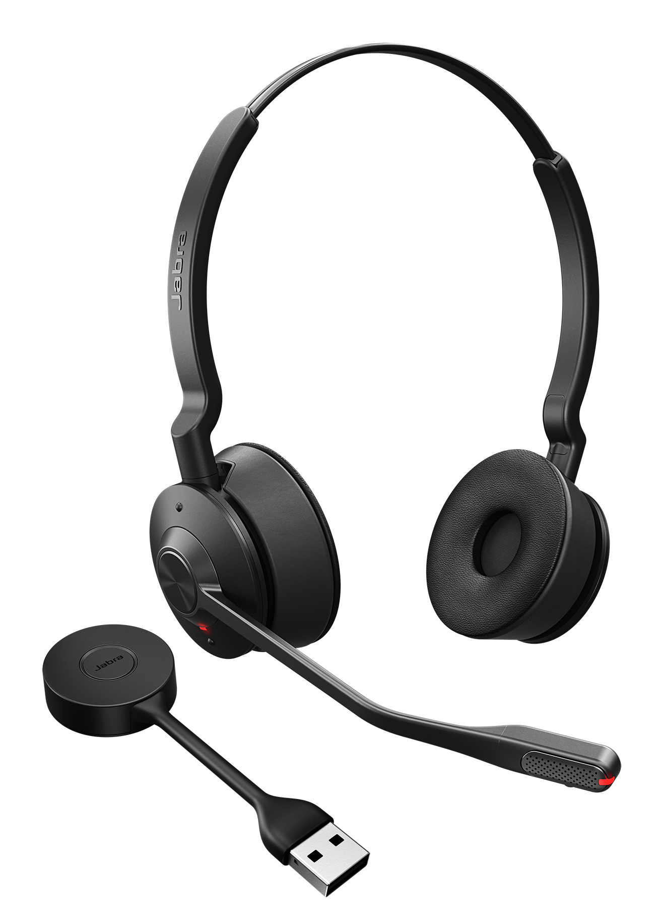 Cuffie Jabra nere con microfono e adattatore USB. Sfondo bianco. Design moderno ed elegante.