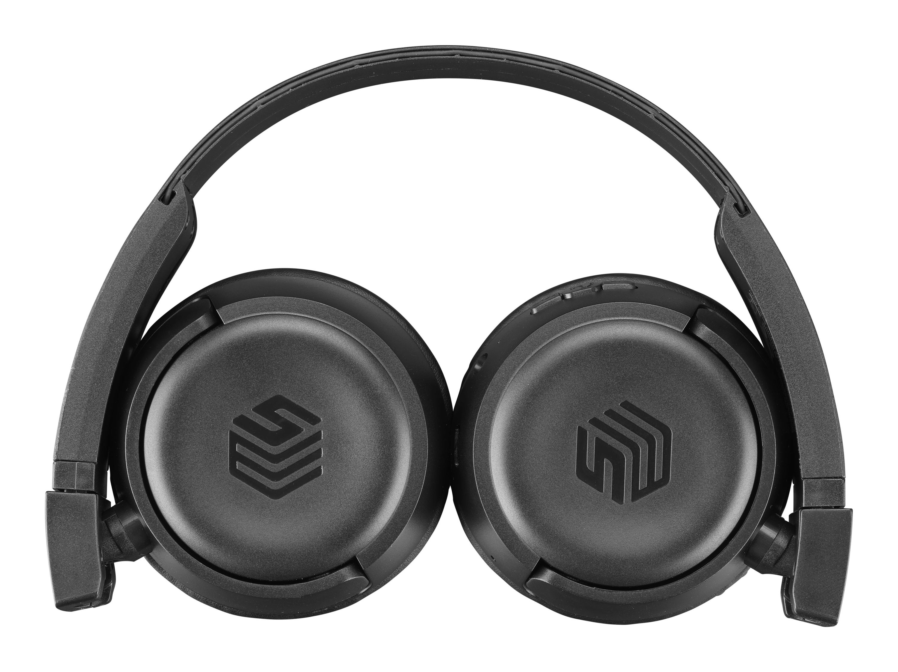 Czarne, składane słuchawki z logo na nausznikach.