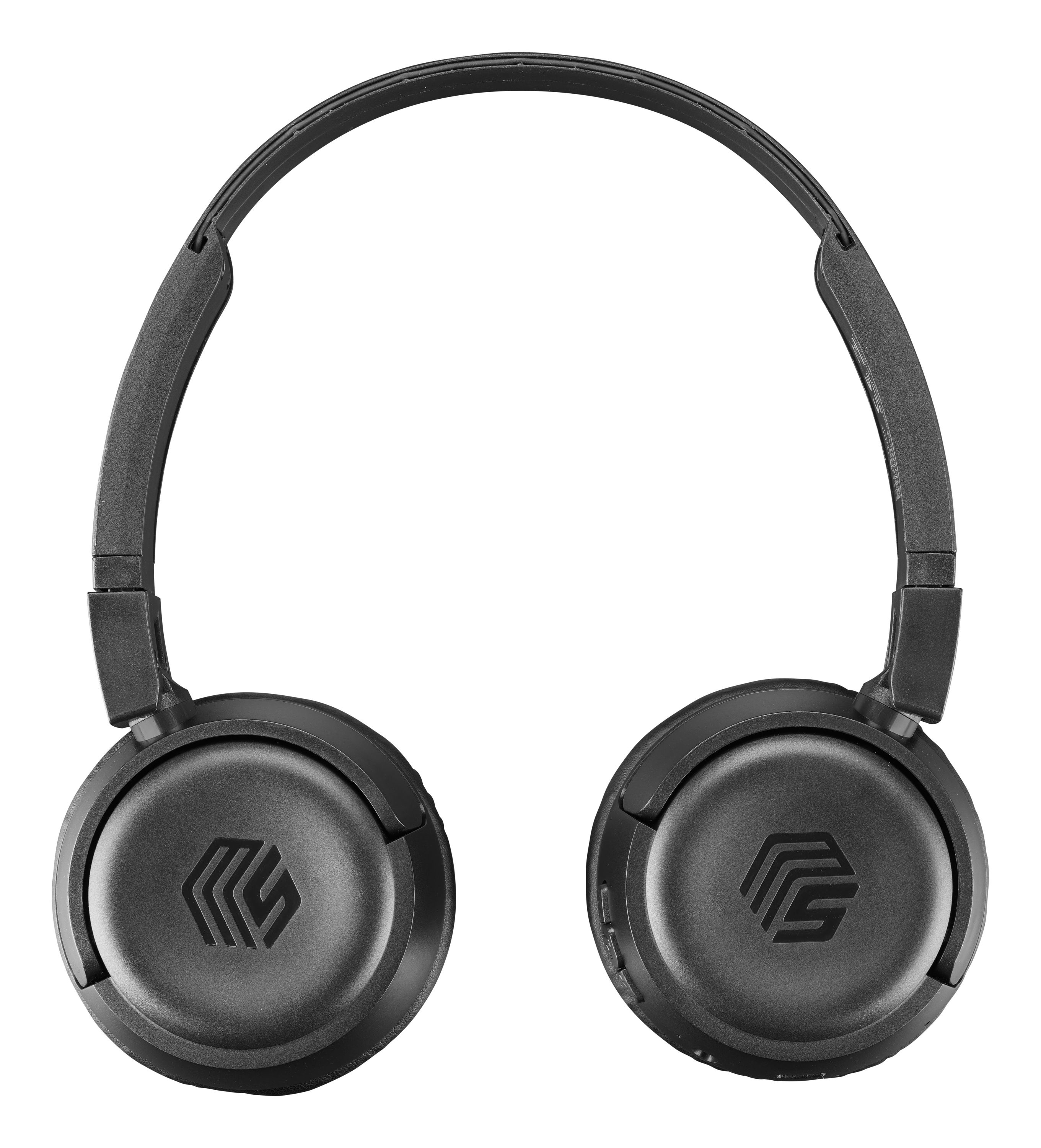 Czarne słuchawki z nausznikami i pałąkiem. Logo znajduje się na nausznikach.