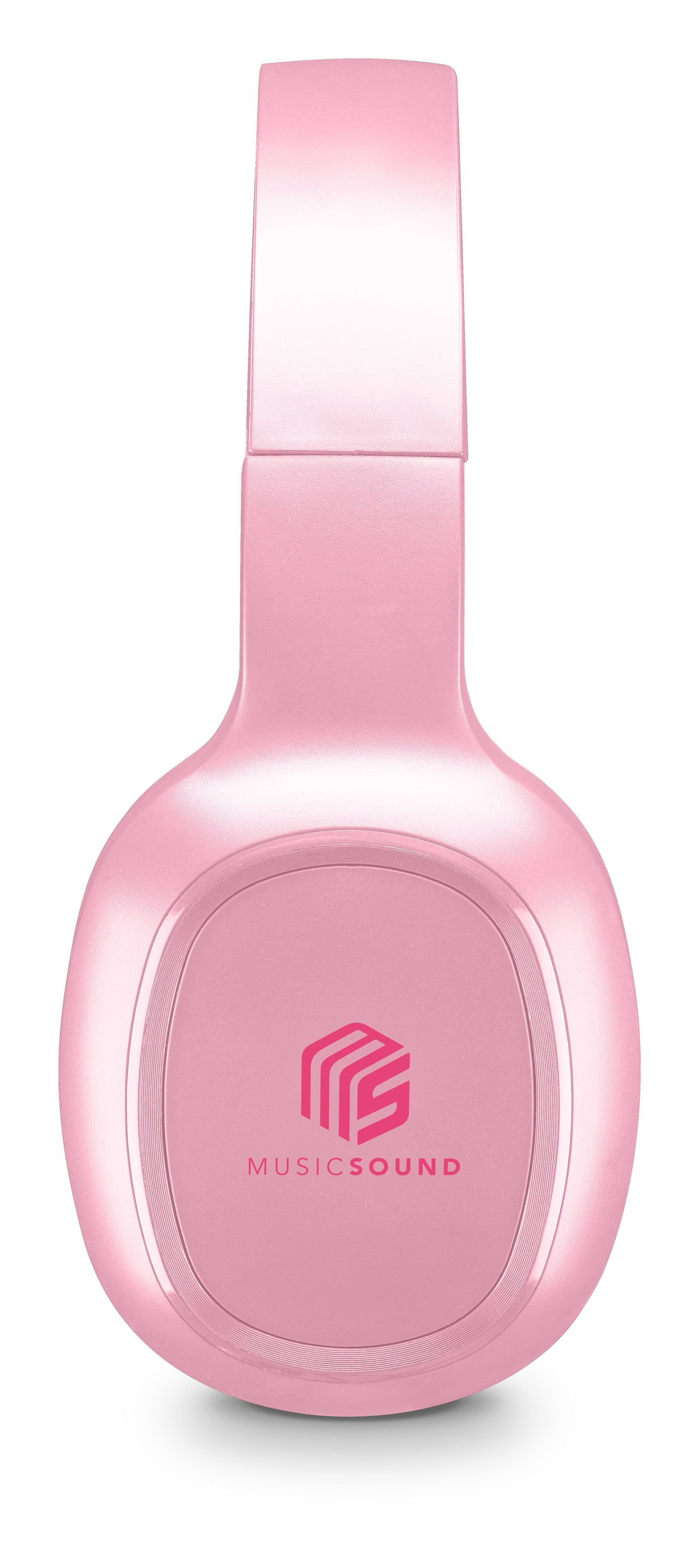 Casque rose avec arceau et oreillettes. Le logo 'MUSICSOUND' est sur l'oreillette.