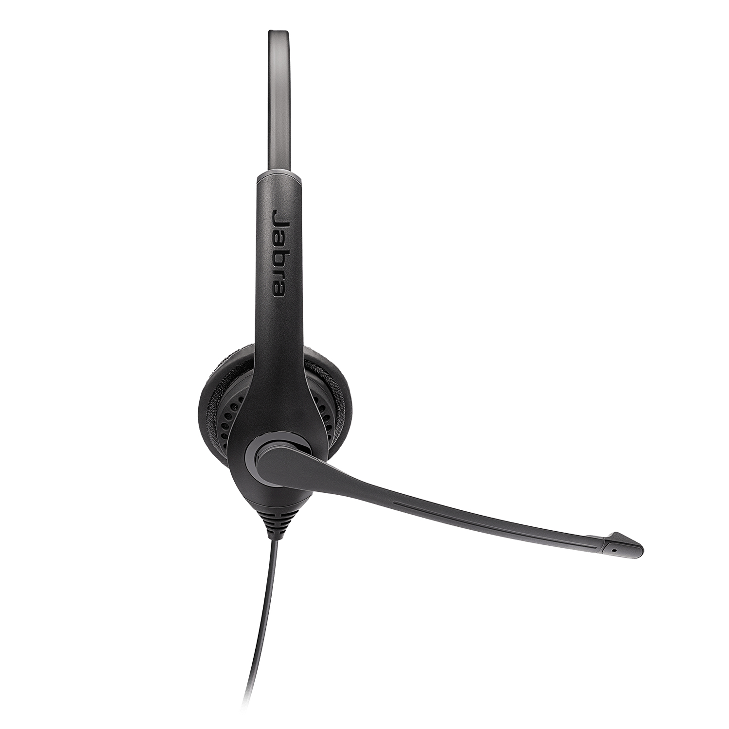 Cuffia Jabra nera con microfono. Ha un auricolare singolo e un filo sottile.