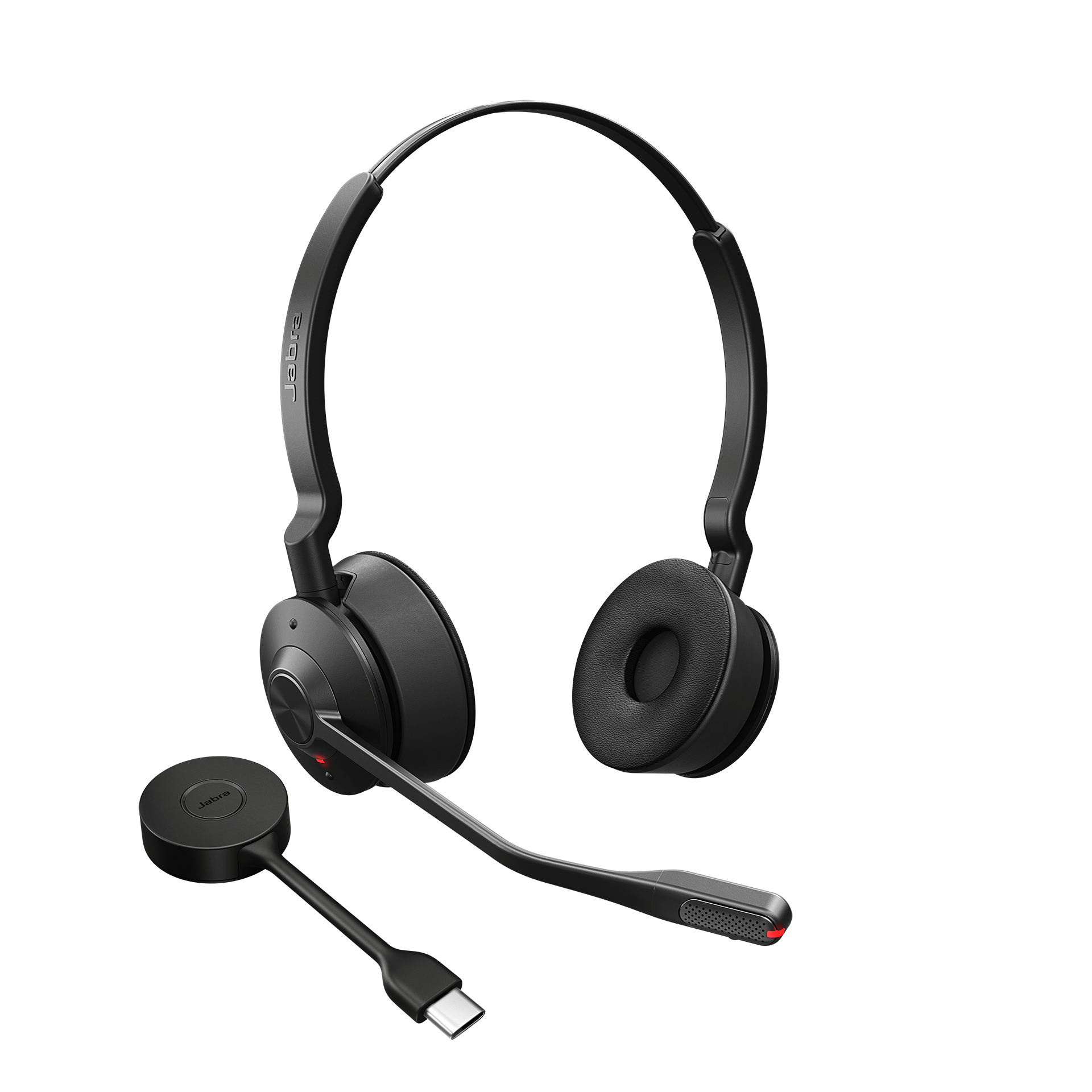 Cuffie Jabra nere con microfono e adattatore USB-C. Sfondo bianco. Design moderno ed elegante.