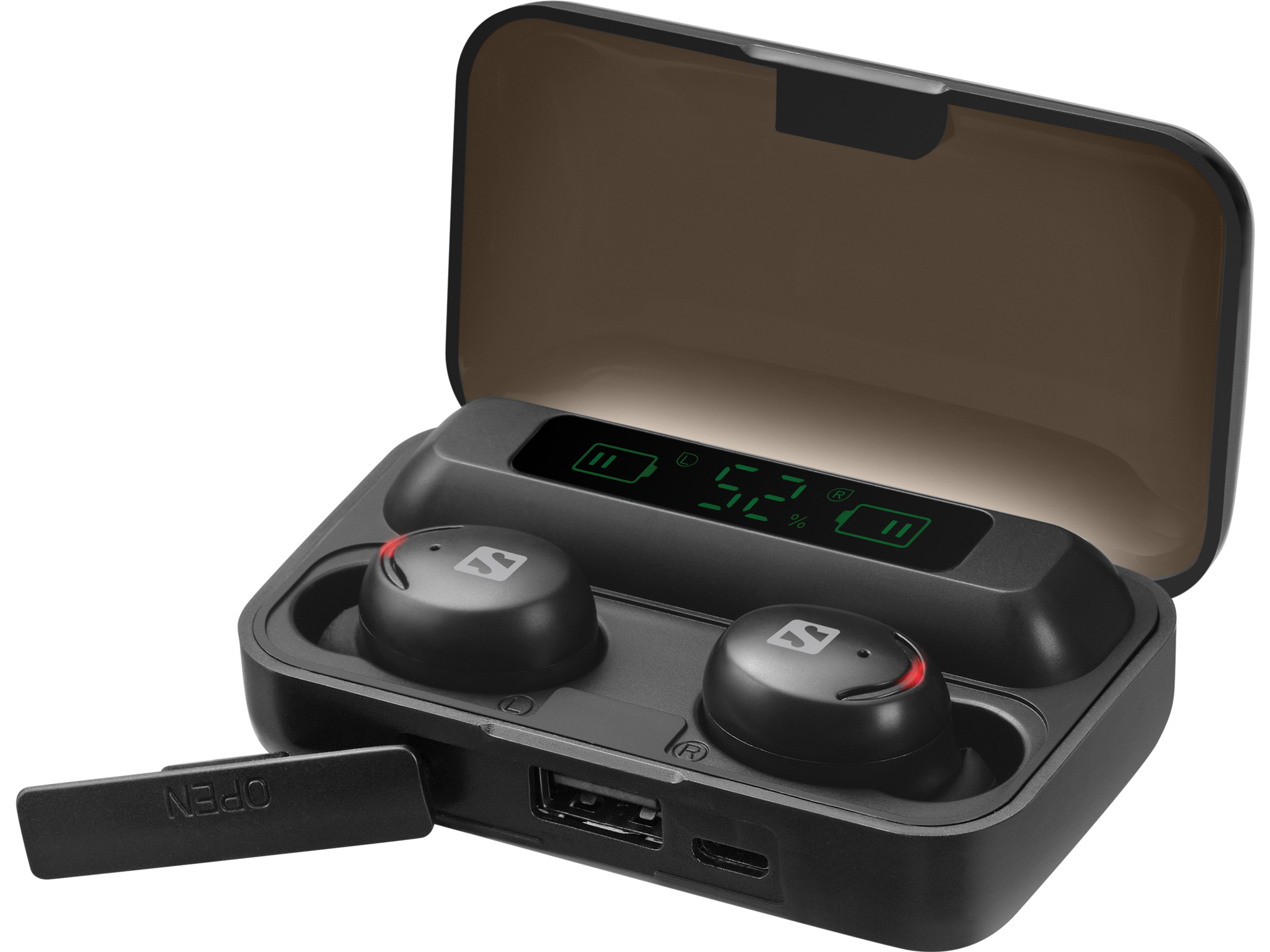 Auricolari neri in un astuccio di ricarica aperto, che mostra gli auricolari e uno schermo LED.