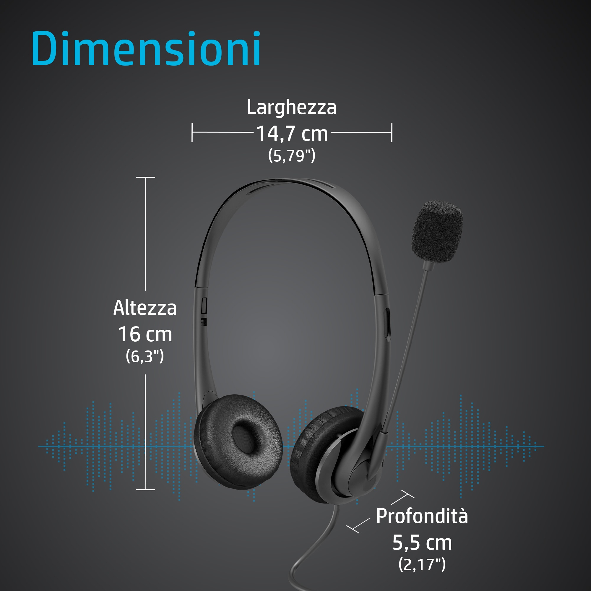 Cuffie con microfono, con dimensioni espresse in cm e pollici, su sfondo scuro.