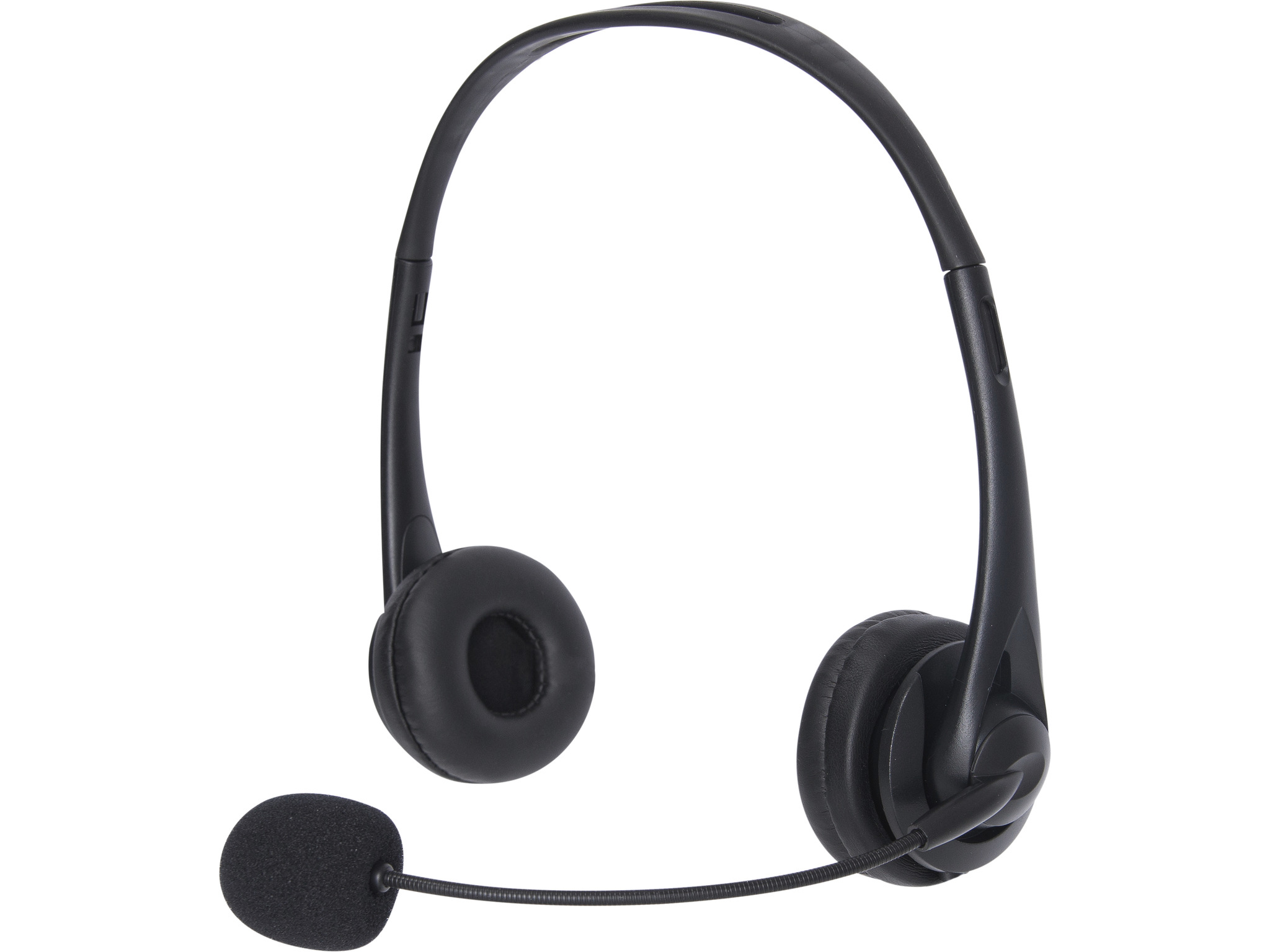 Casque noir avec micro, écouteurs et serre-tête, sur fond blanc.