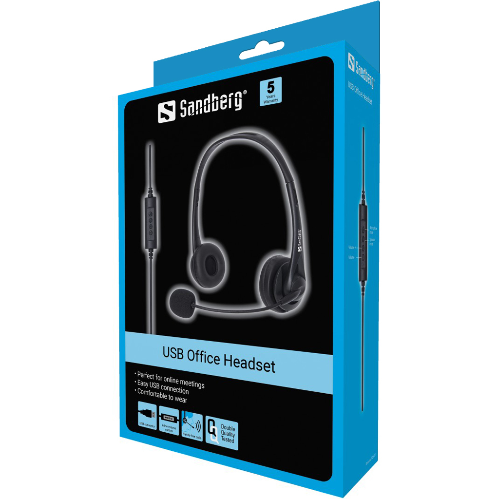 Un casque USB Sandberg Office dans une boîte bleue avec des informations sur le produit et un logo de garantie de 5 ans.