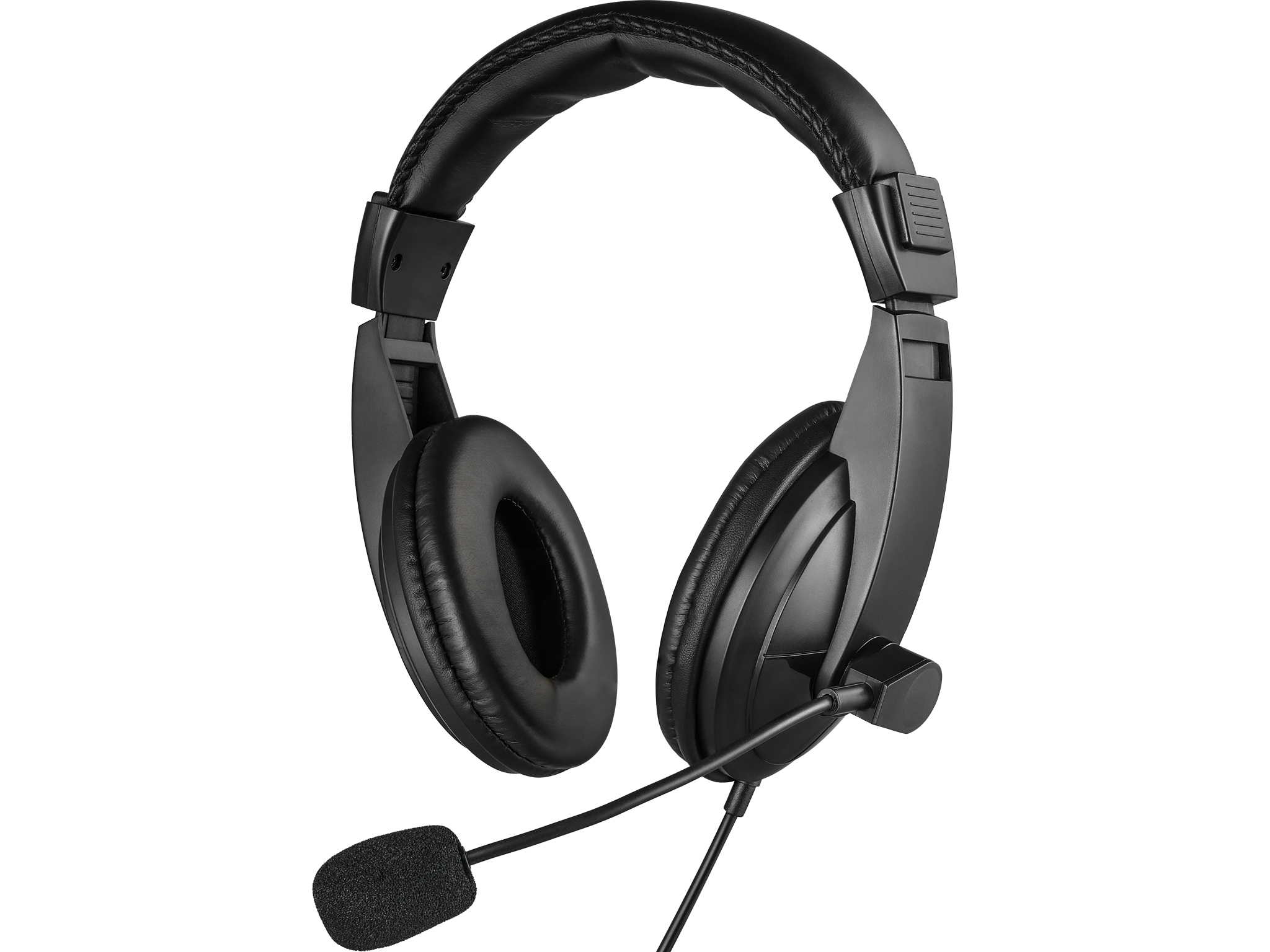 Casque supra-auriculaire noir avec un microphone. Les oreillettes sont rembourrées. Le design est simple.