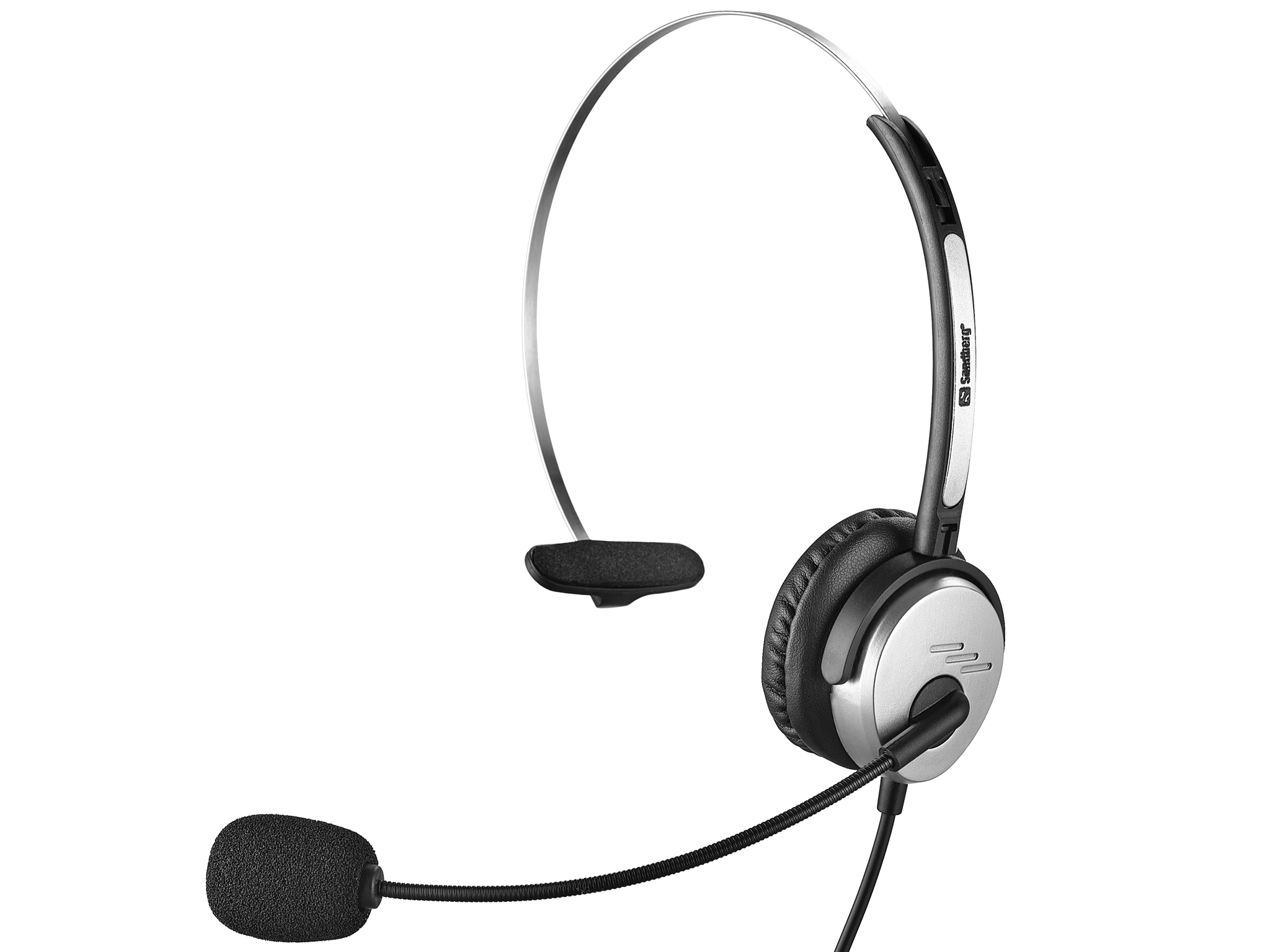 Cuffie argento e nere. Ha un microfono e una fascia. Il padiglione auricolare ha una finitura argentata.