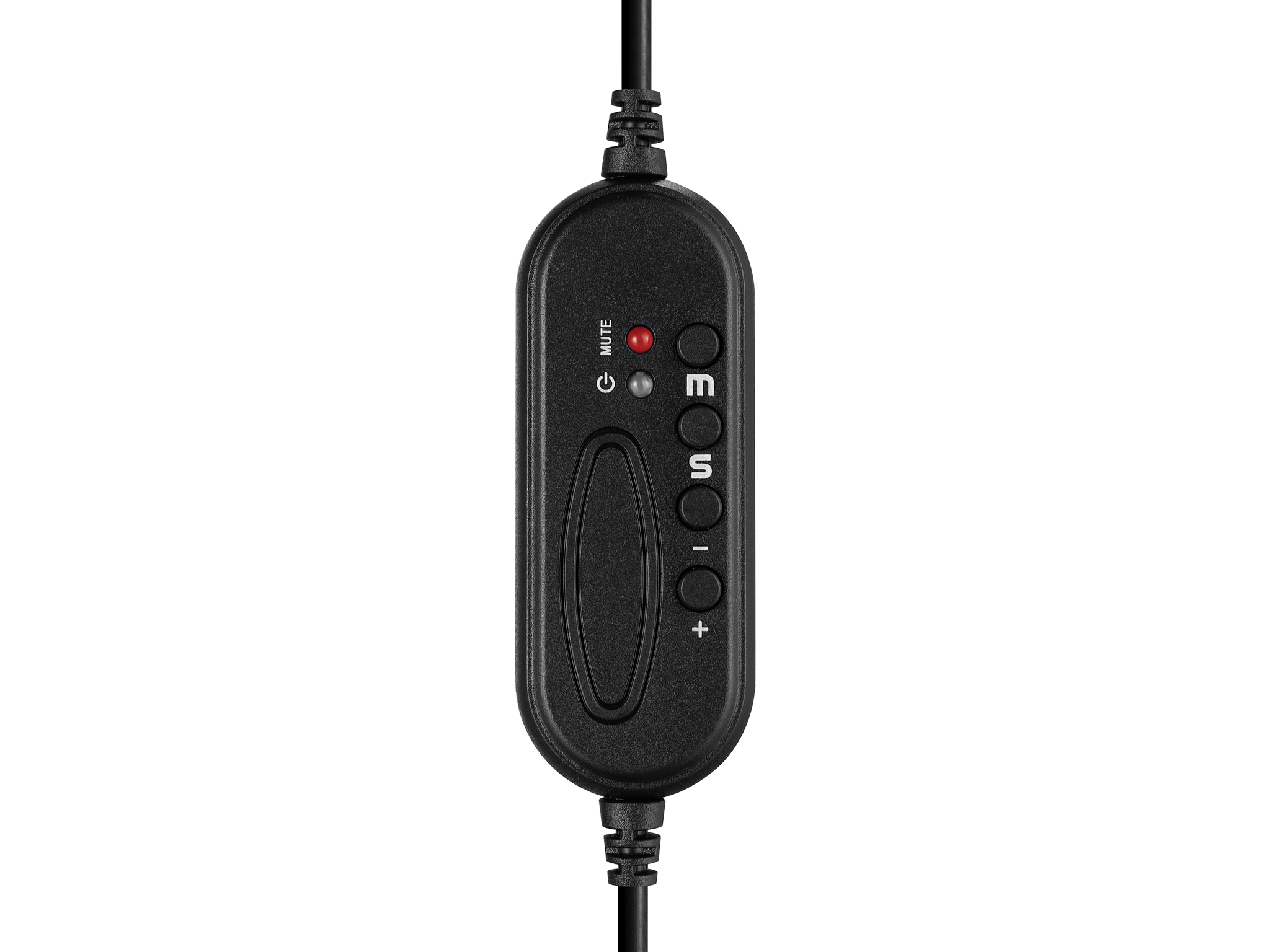 Telecomando in linea nero con pulsanti per muto, accensione e volume.