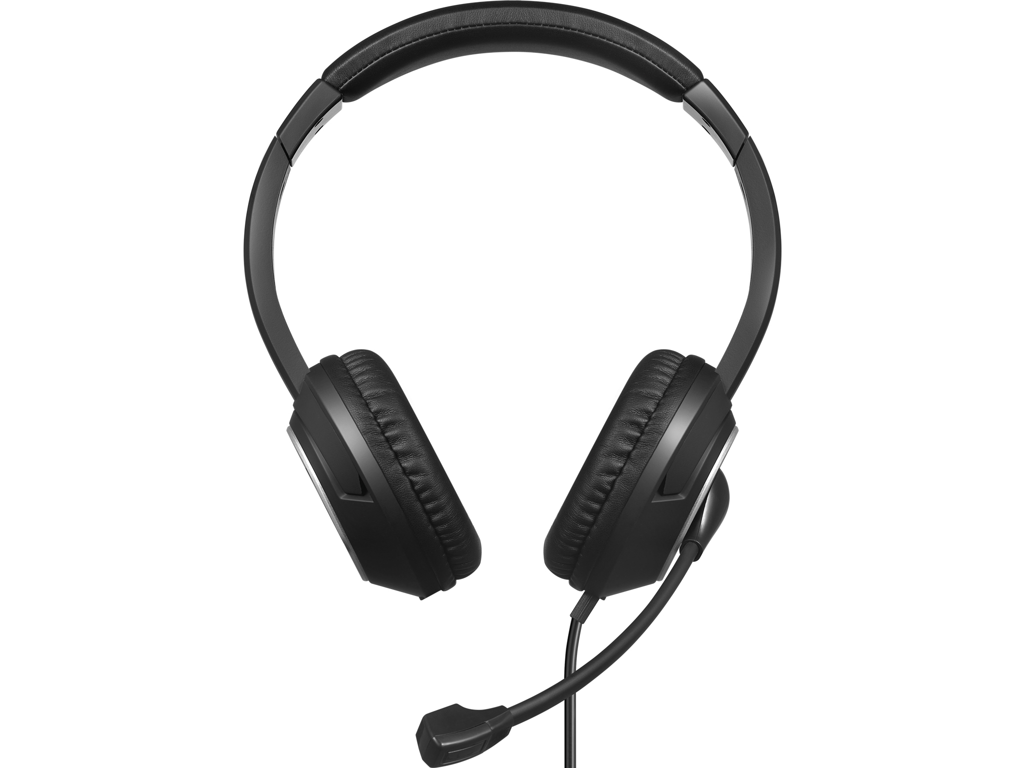 Casque noir avec un microphone. Ils ont un bandeau et des oreillettes rembourrés.