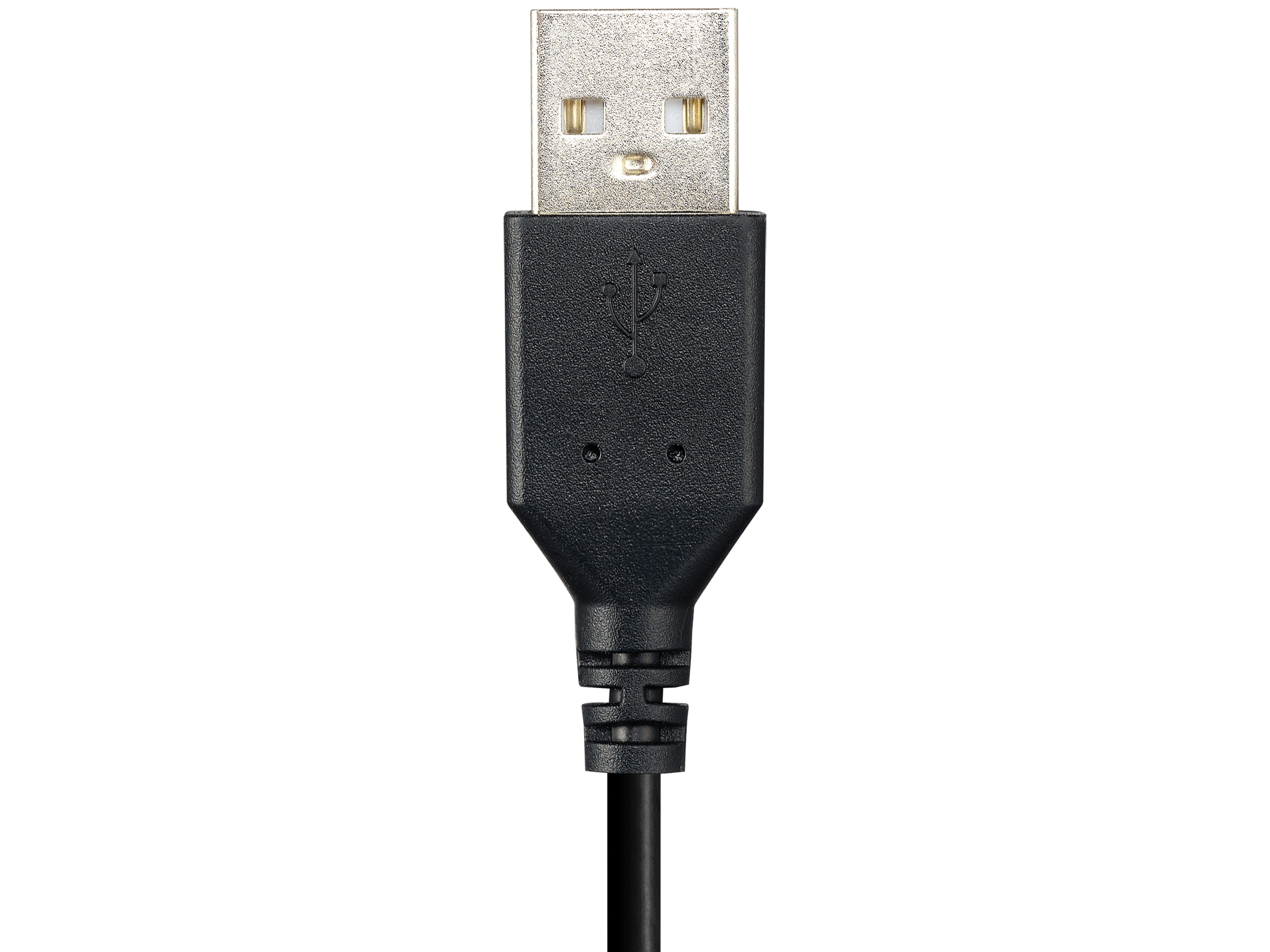 Un connettore USB nero con un cavo nero, su sfondo bianco.