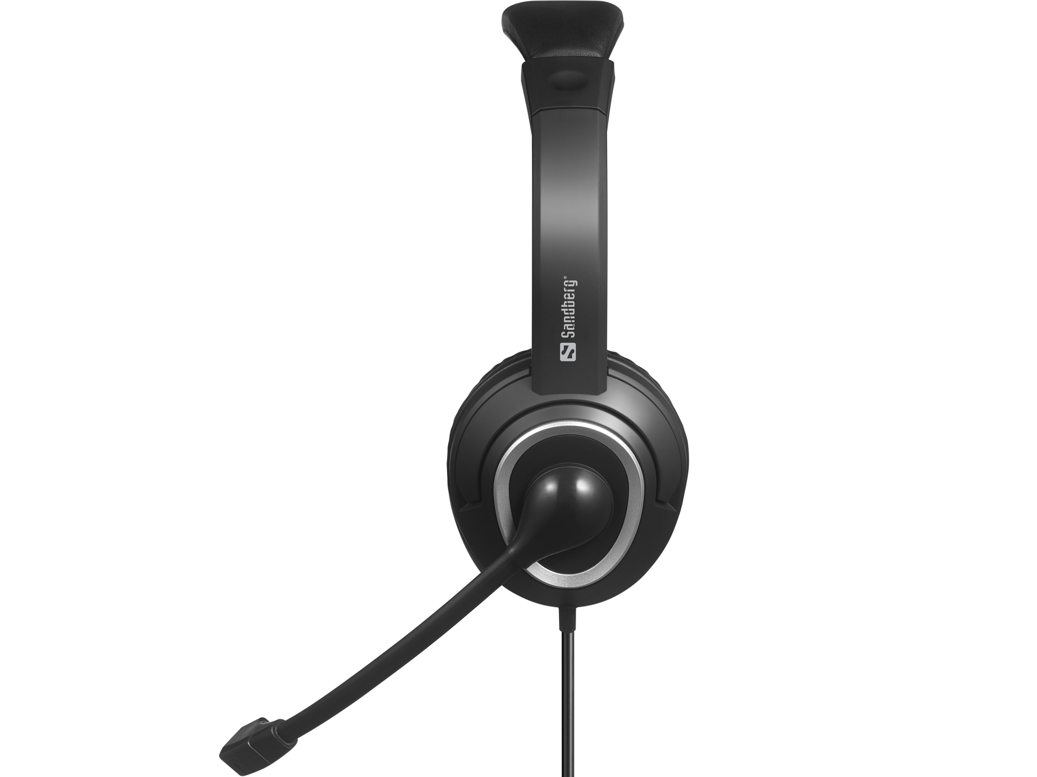 Casque noir avec microphone. Isolé sur blanc. Design minimaliste.