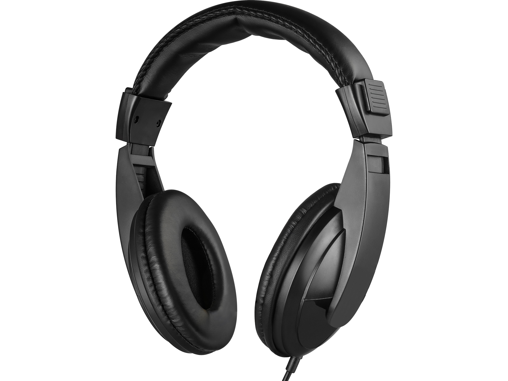 Cuffie over-ear nere su sfondo bianco. Le cuffie hanno un cavo collegato.
