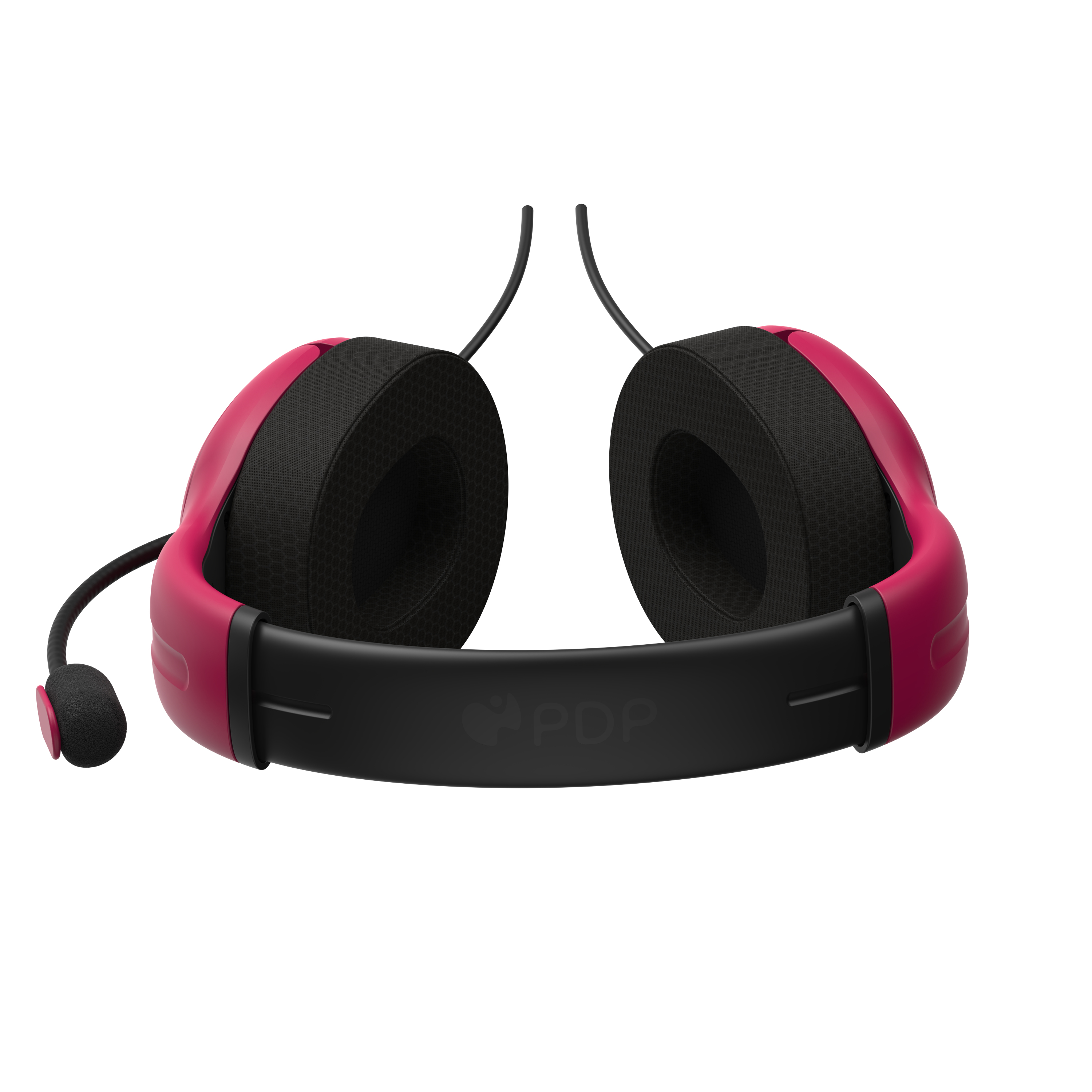 Różowe słuchawki dla graczy z mikrofonem, czarnymi nausznicami i pałąkiem.