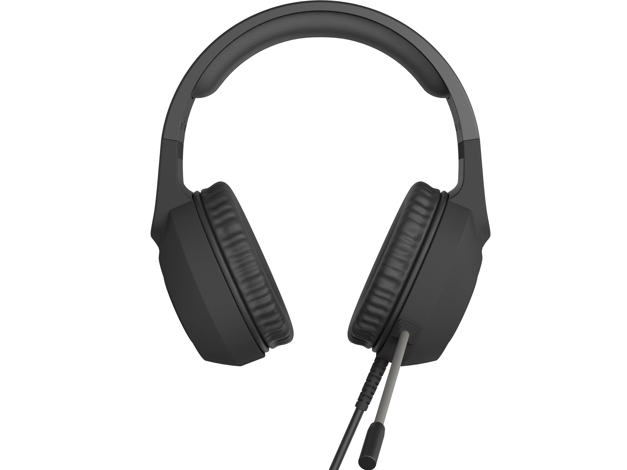 Black headphones on white background. Earcups and headband are visible. A cable with a microphone hangs down.