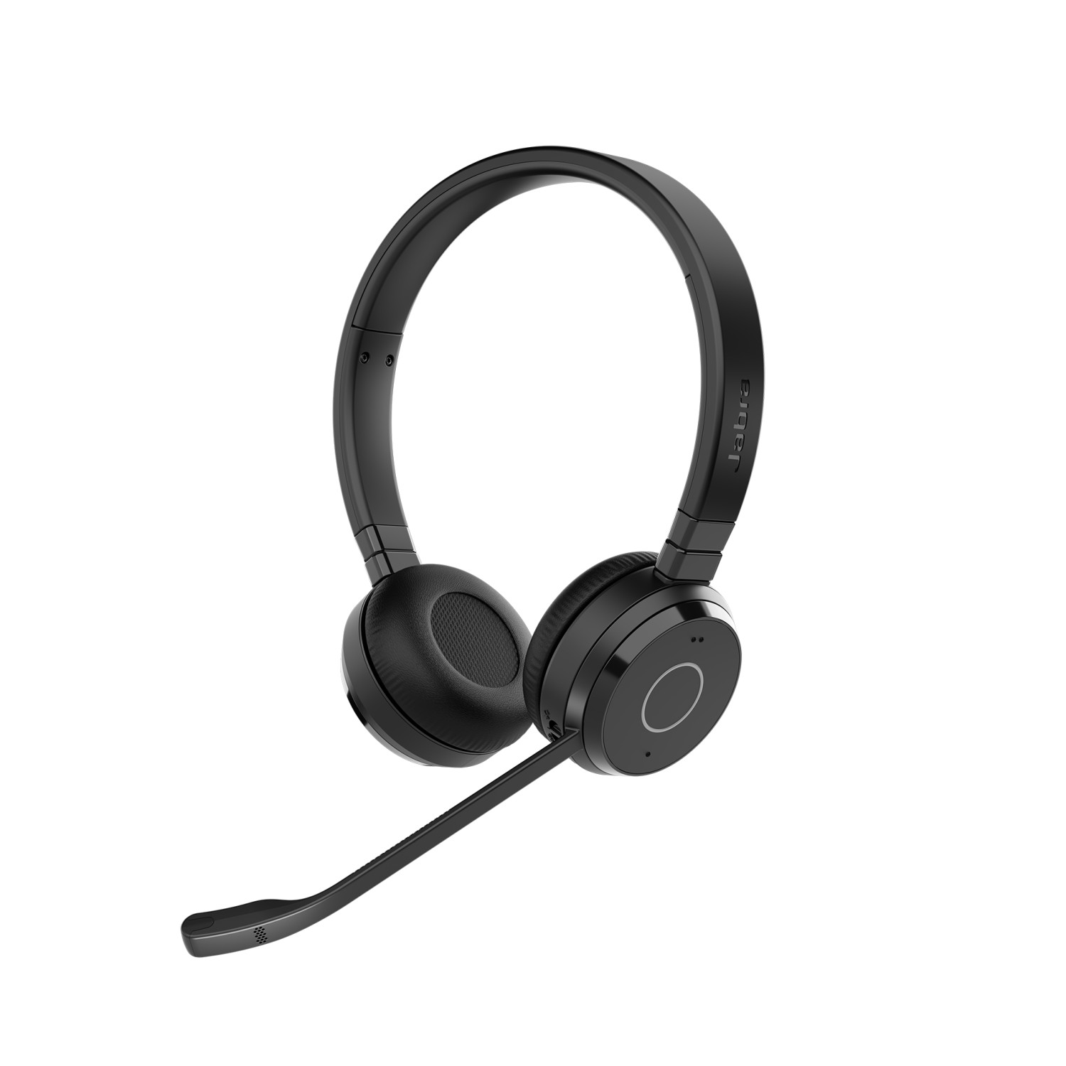 Zwarte Jabra headset met over-ear design en flexibele microfoonarm.