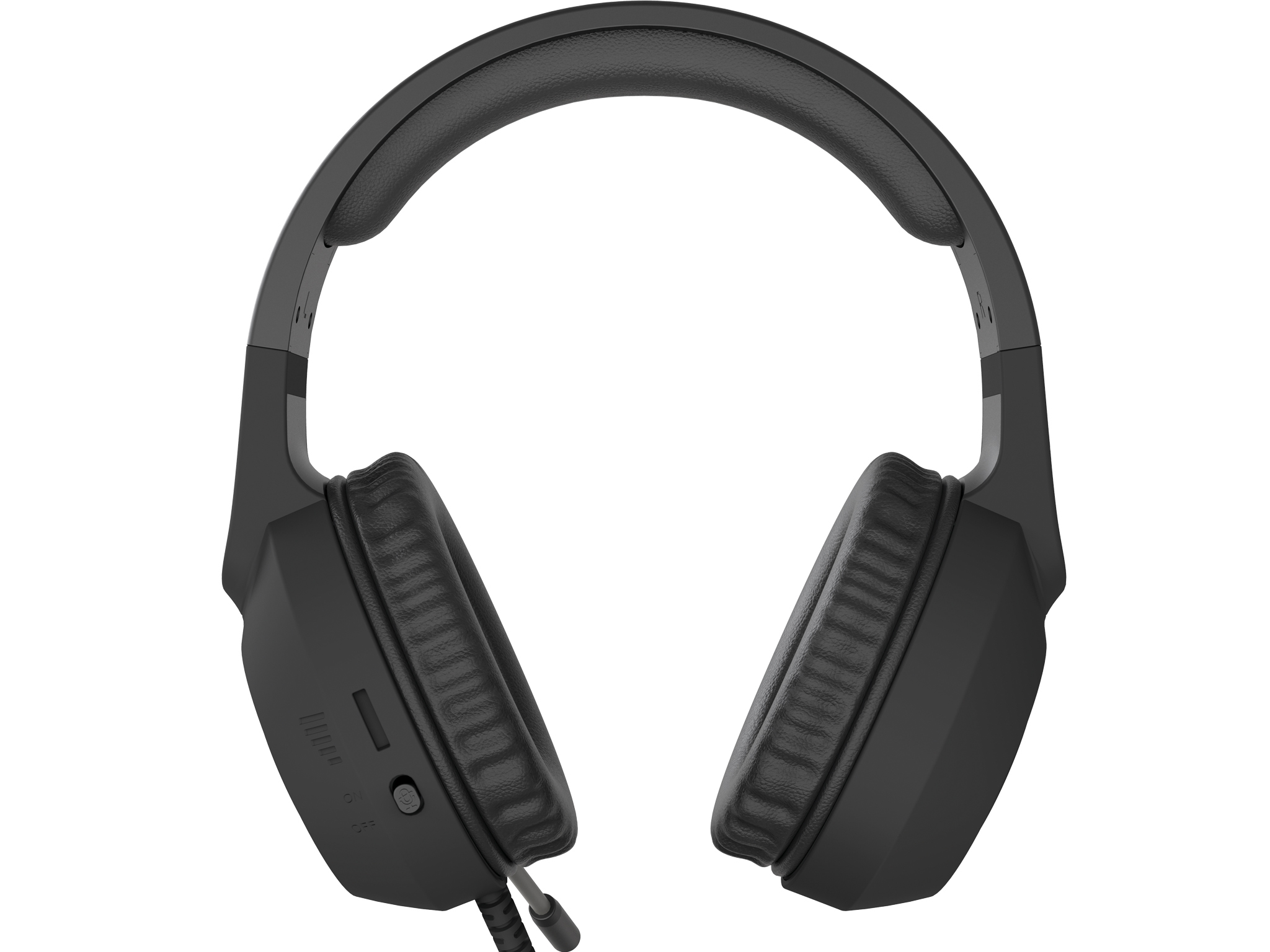 Black headphones, top view, with the earcups and a control panel.