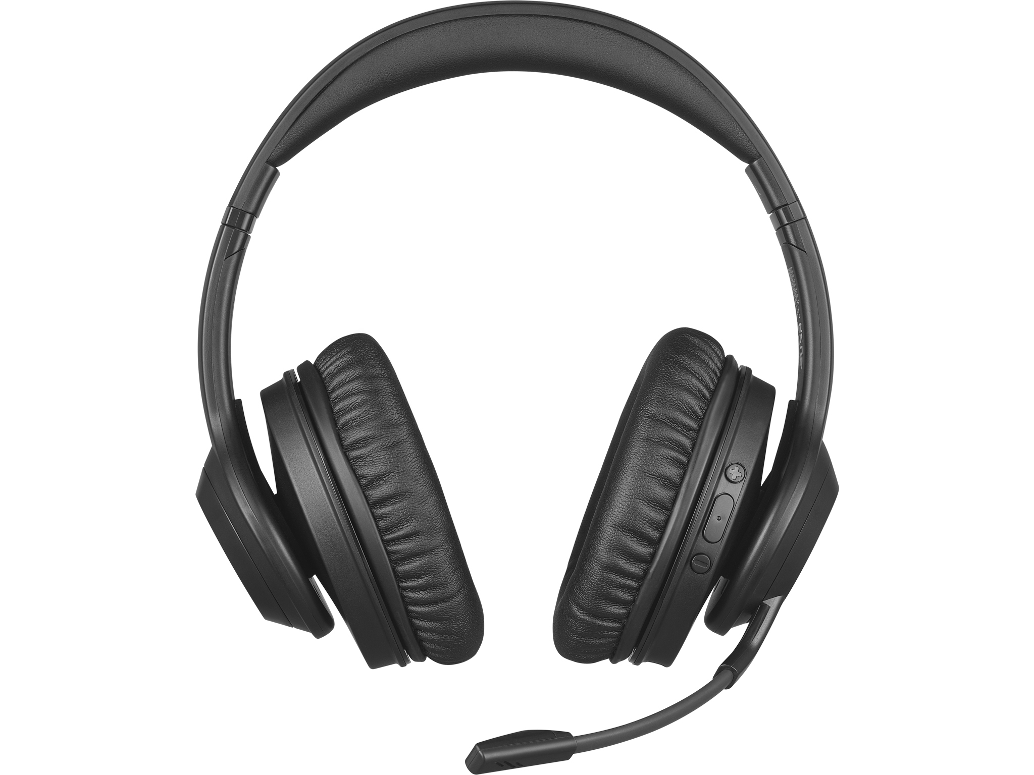 Casque noir avec écouteurs, micro et bandeau, sur fond blanc.