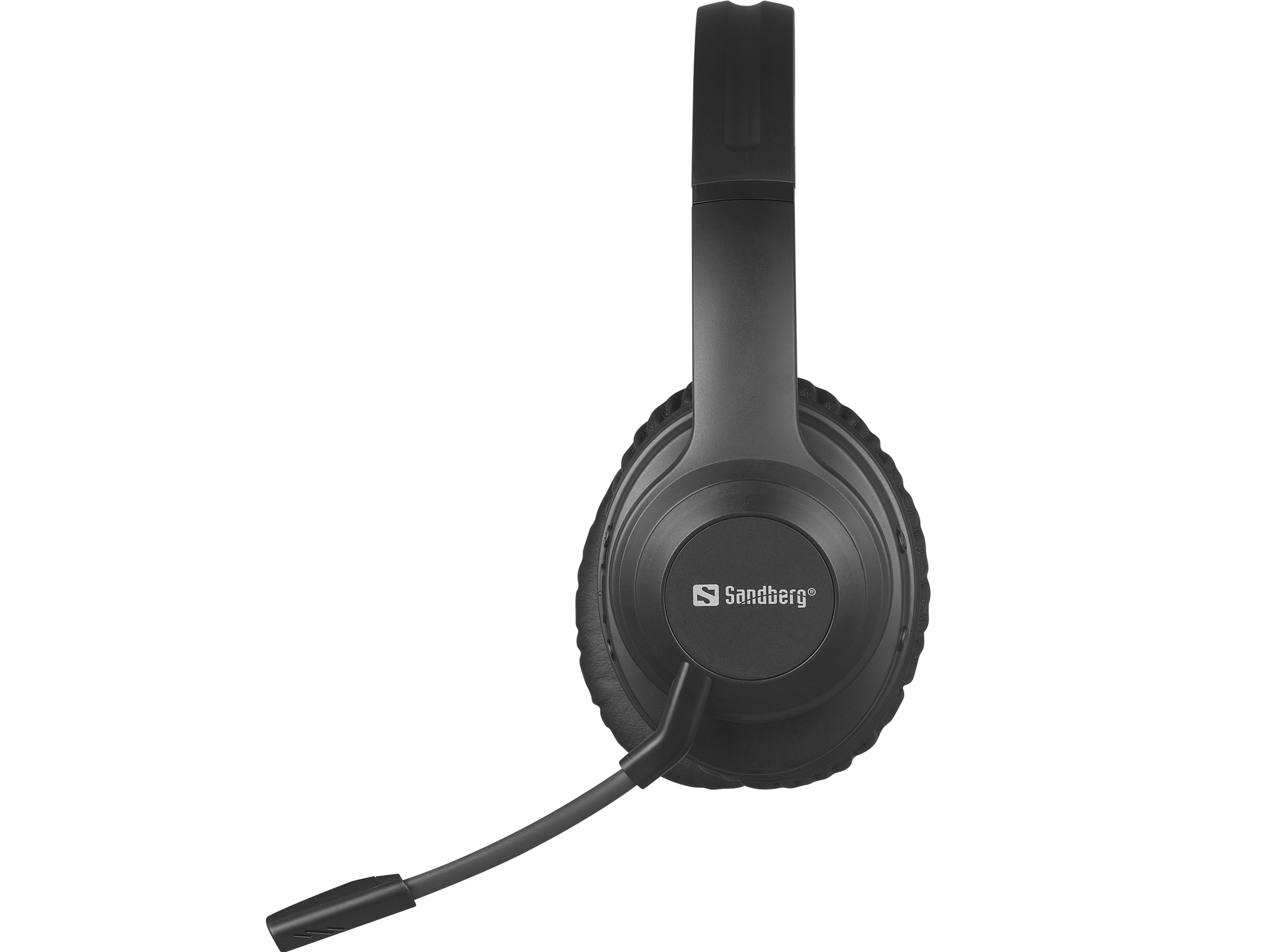 Casque noir avec micro, marque Sandberg, vu de face.