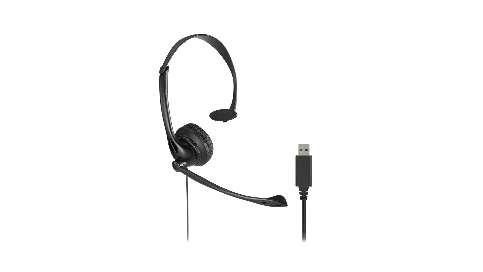 Cuffie USB nere con un solo auricolare e un microfono. Il cavo e il connettore USB sono anch'essi neri.