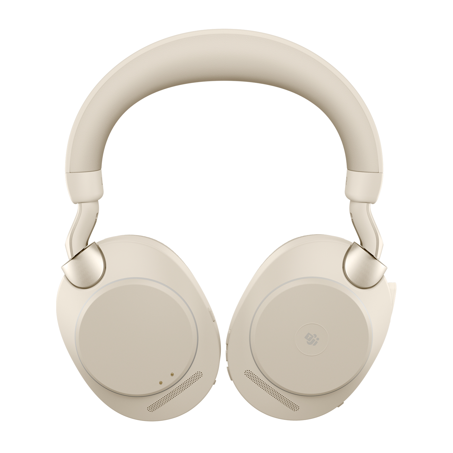 Cream-colored headphones. Modern design with over-ear cups and headband. Silver accents.