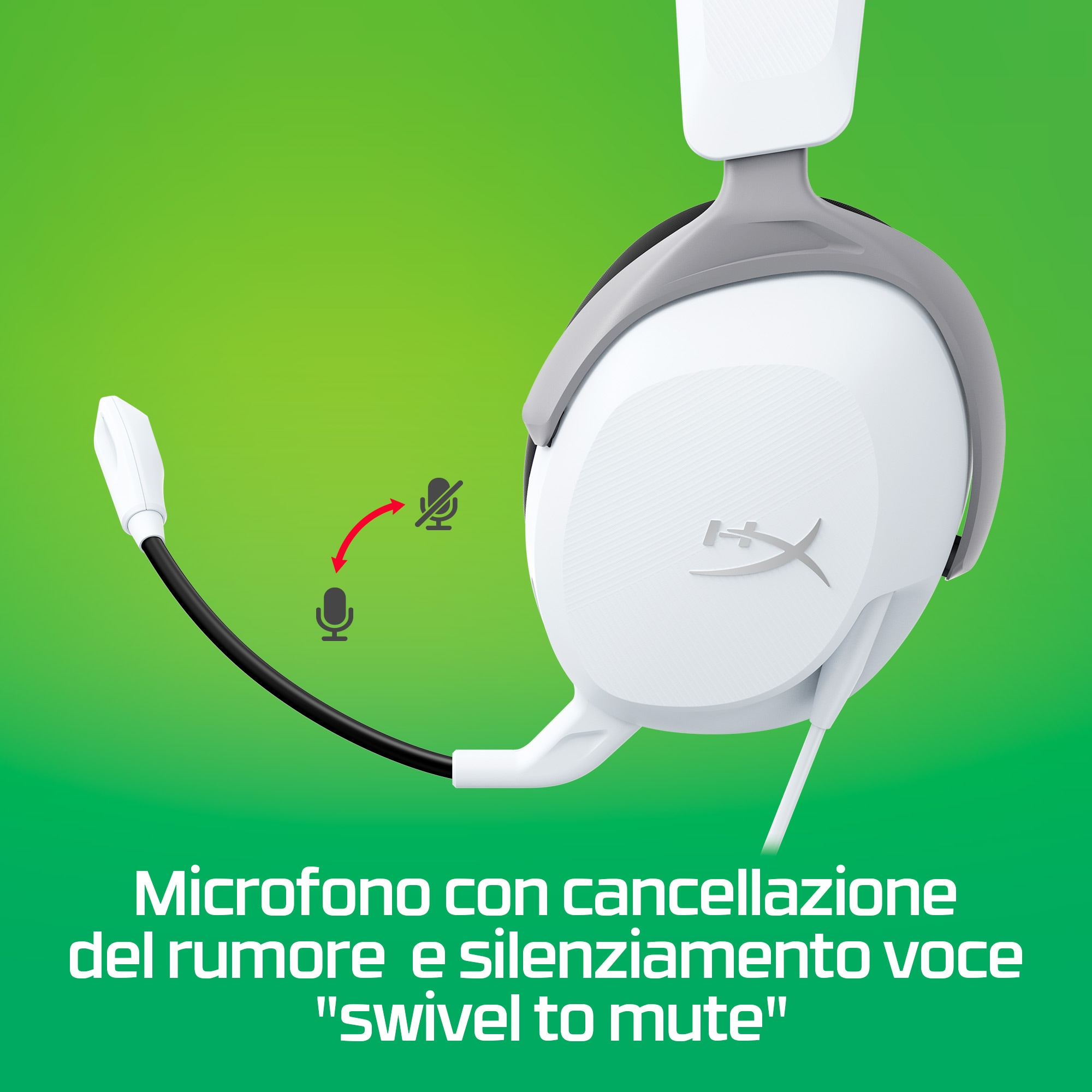 Biało-szary zestaw słuchawkowy dla graczy. Mikrofon z funkcją obracania i wyciszania, na zielonym tle.