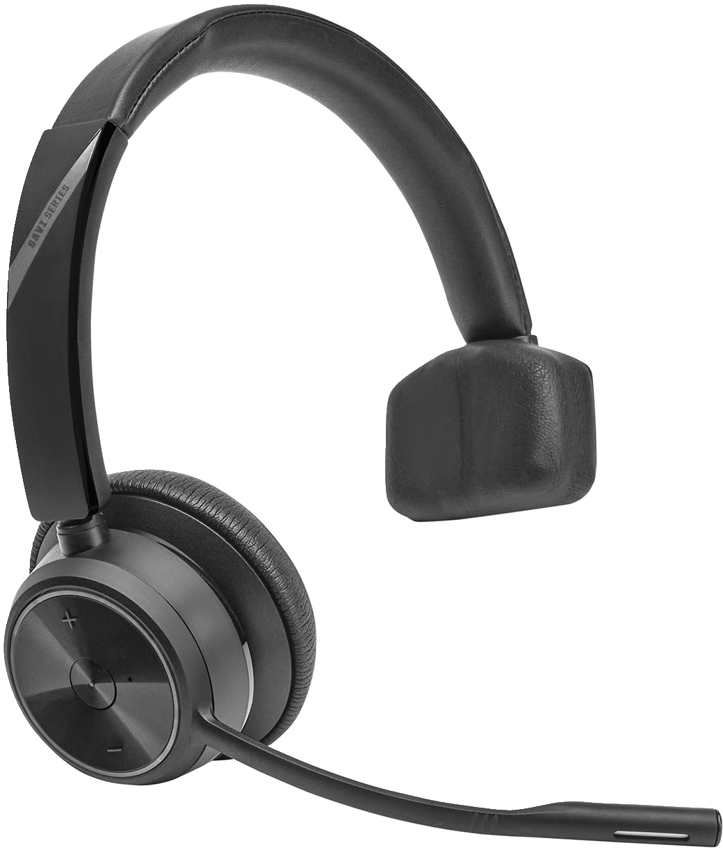 Cuffie nere con microfono a braccio. Il padiglione auricolare e l'archetto sono collegati da un braccio curvo.