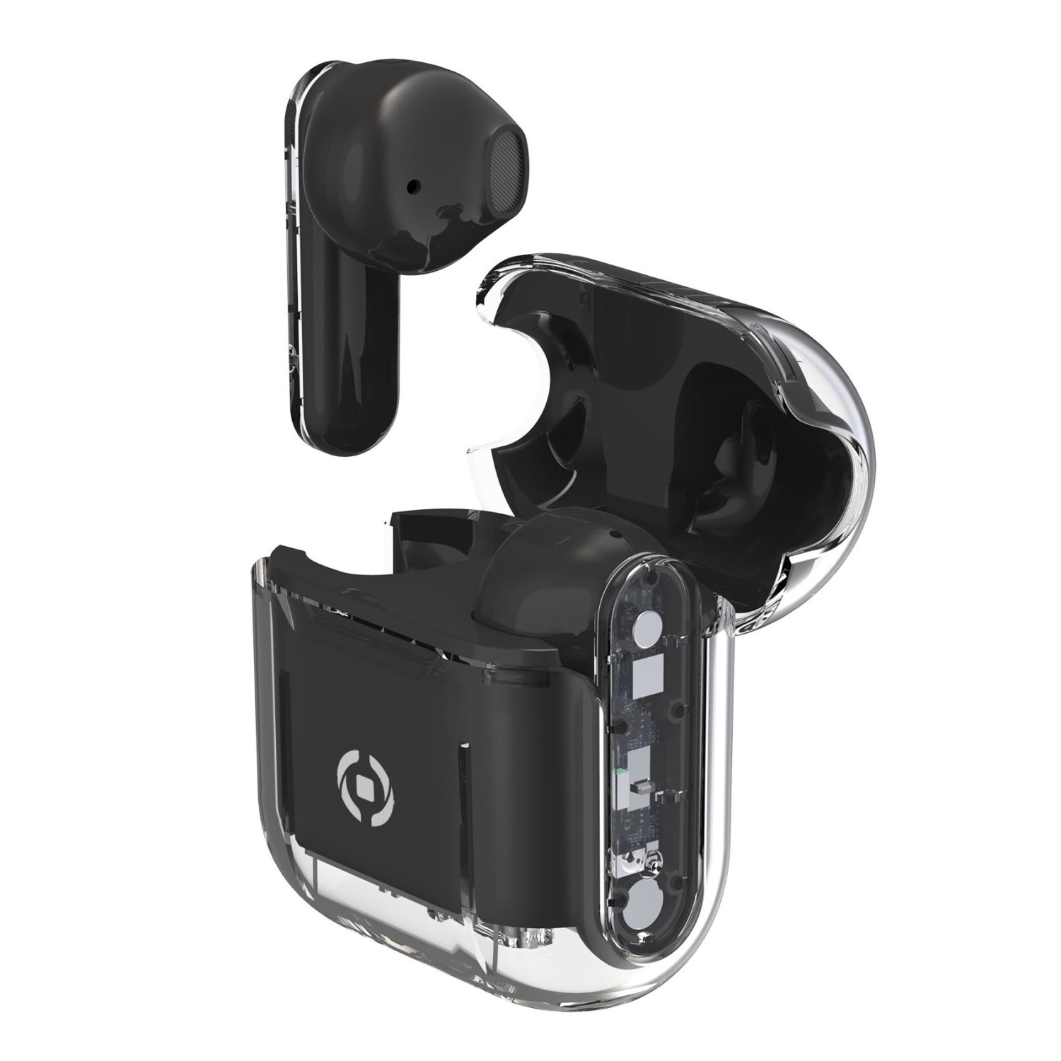 Auricolari wireless neri, uno aperto, che mostra i componenti interni. Custodia trasparente.