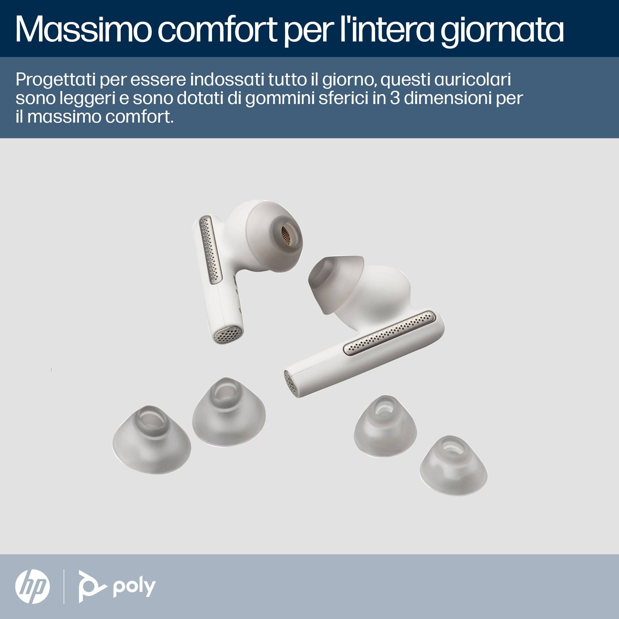 Auricolari wireless bianchi e punte di ricambio. Testo sul lato. Sfondo bianco.