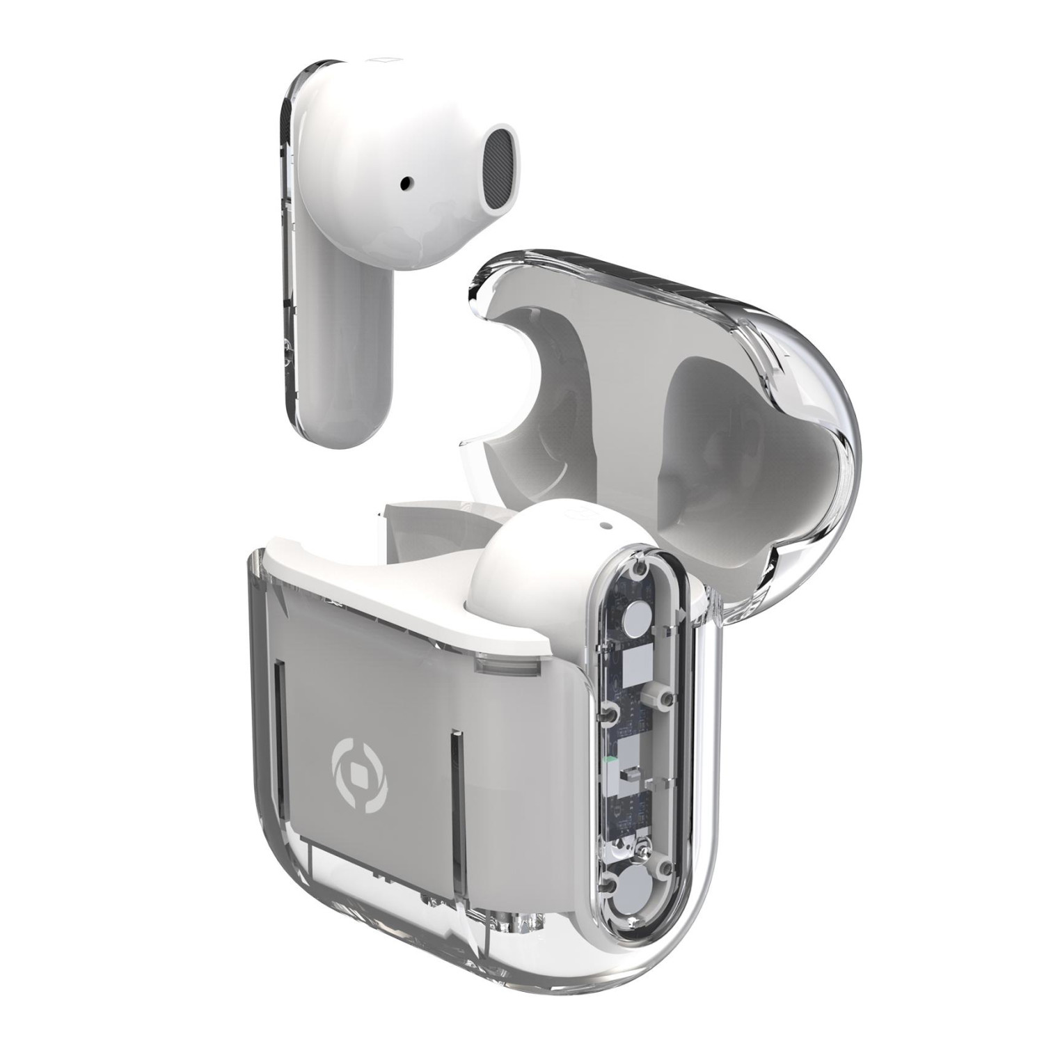 Auricolari in una custodia trasparente, vista esplosa che mostra i componenti interni. Gli auricolari sono bianchi.