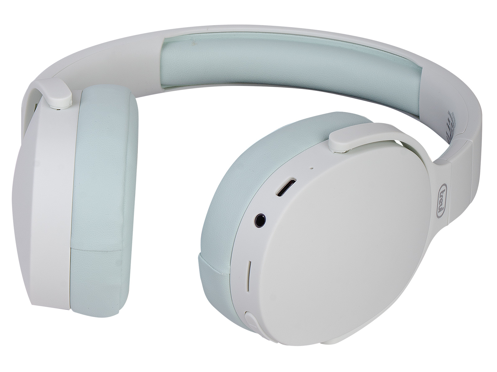 Cuffie bianche con cuscinetti auricolari azzurri, una fascia bianca, su sfondo bianco.