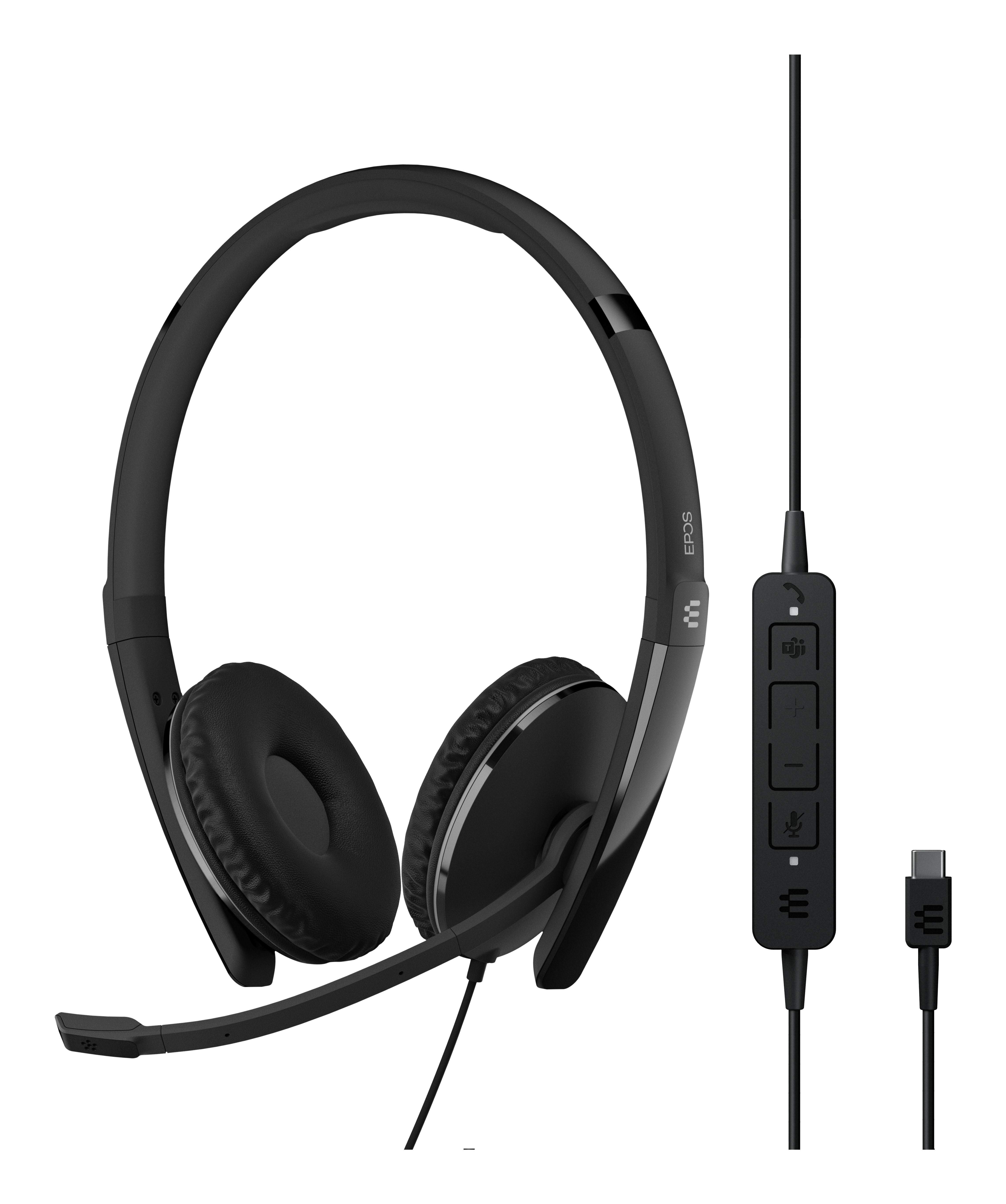 Auriculares EPOS negros con micrófono y unidad de control con conector USB-C.