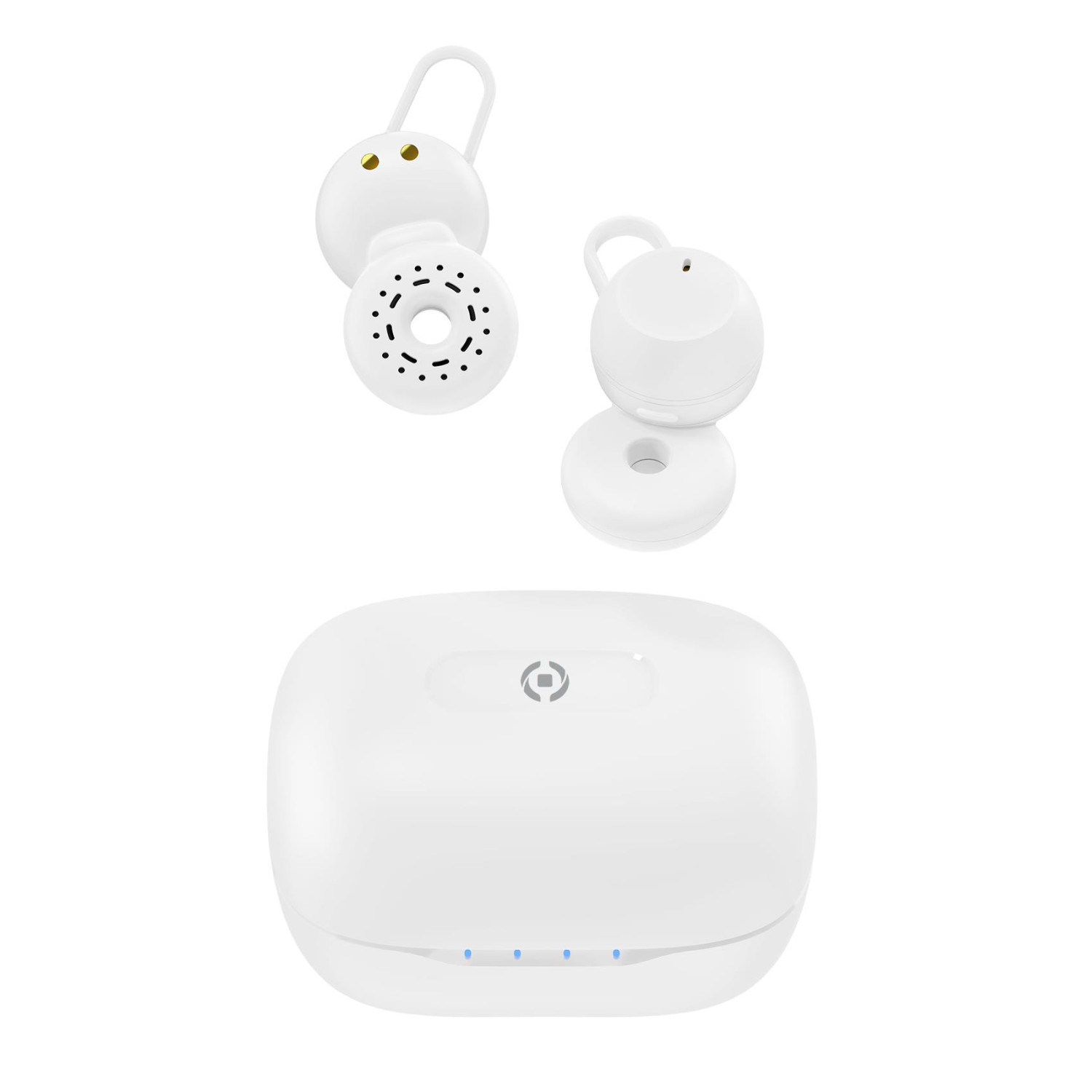 Auricolari bianchi e custodia di ricarica. Gli auricolari sono wireless, la custodia ha spie.