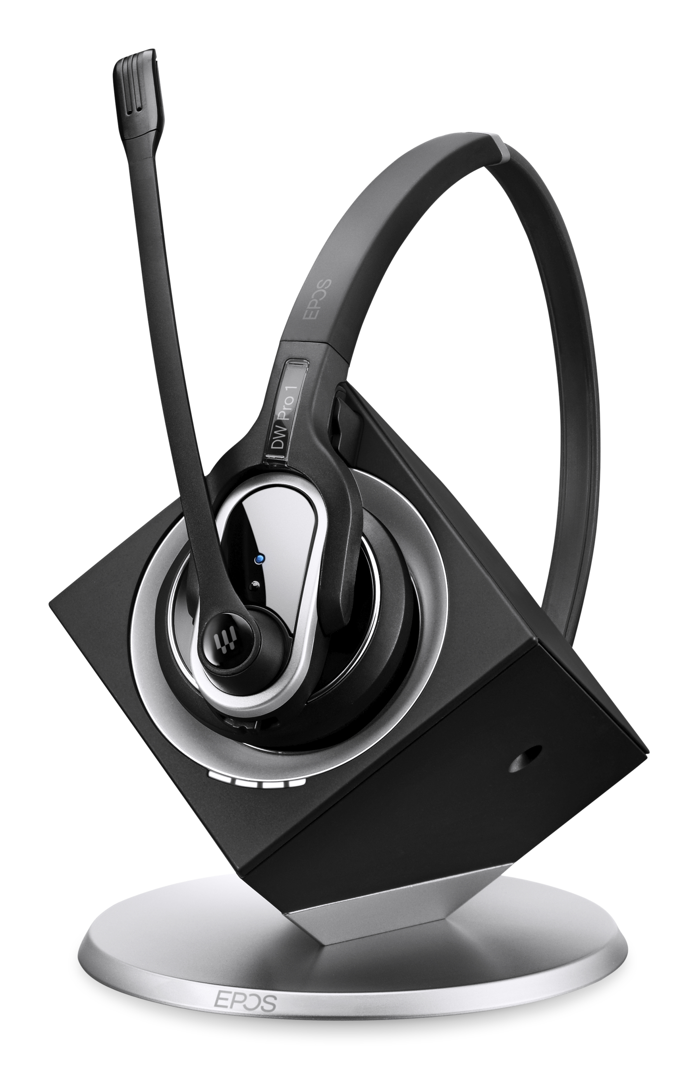 Cuffia EPOS DW Pro1 nera con supporto su sfondo bianco, angolata verso destra.