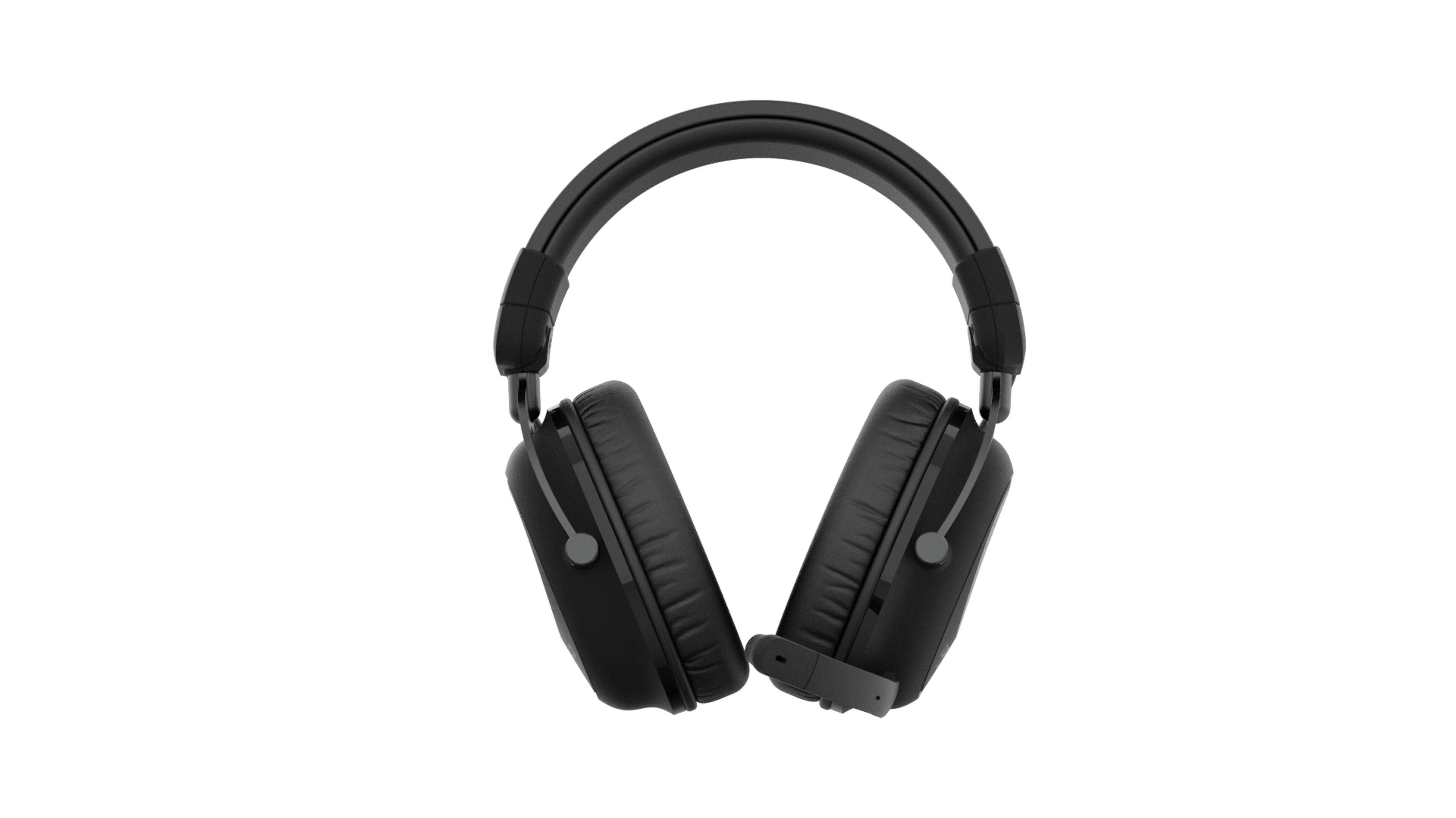 Schwarze Over-Ear-Kopfhörer auf weißem Hintergrund. Die Kopfhörer sind zur Kamera gerichtet.