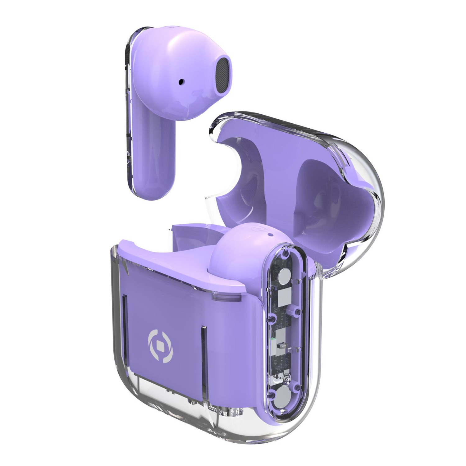 Coppia di auricolari wireless viola e custodia di ricarica, custodia trasparente aperta, un auricolare staccato.